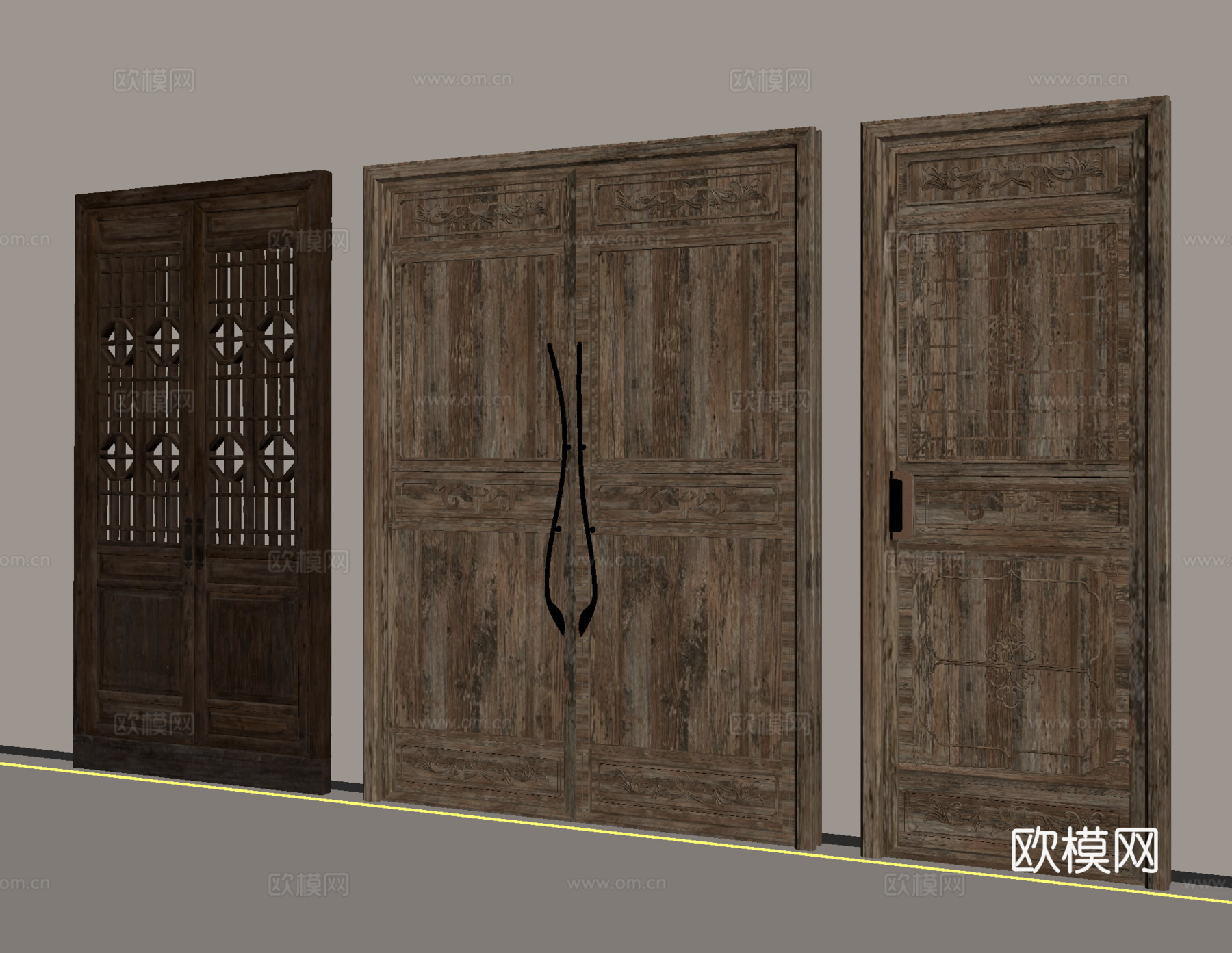 中式复古门 旧木 中式  老木门 镂空花格su模型