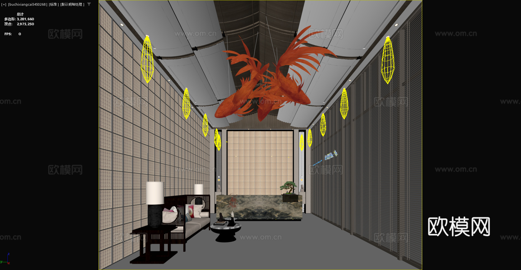 新中式大堂 新中式酒店 沙发 边几 台灯 茶几 艺术品 鱼3d模型下载（渲染图3）