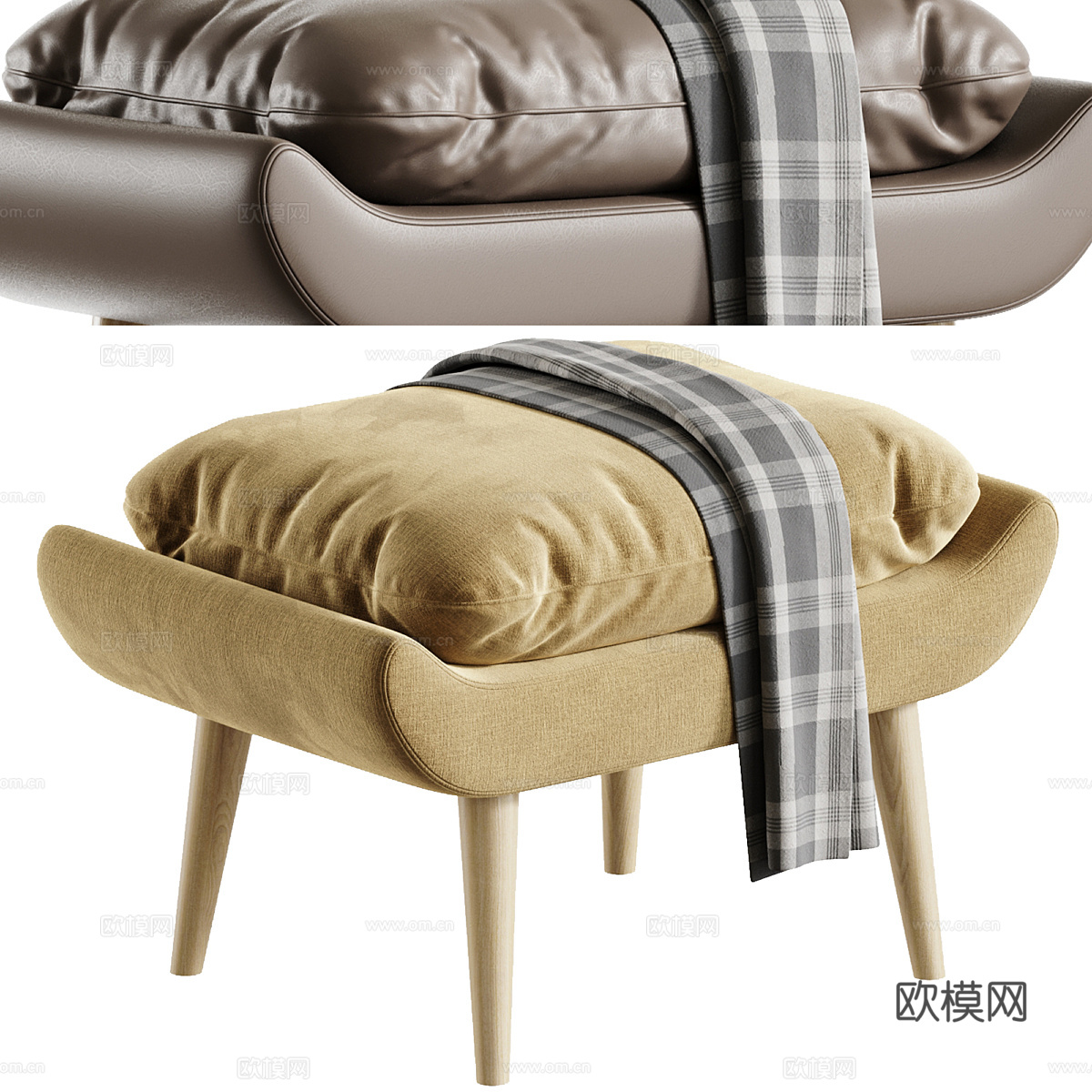 现代 Vincy 布艺凳 脚踏3d模型下载（渲染图3）