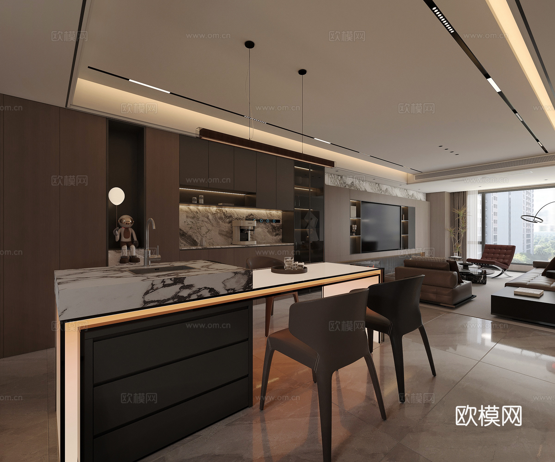 意式客餐厅岛台餐桌3d模型下载（渲染图1）