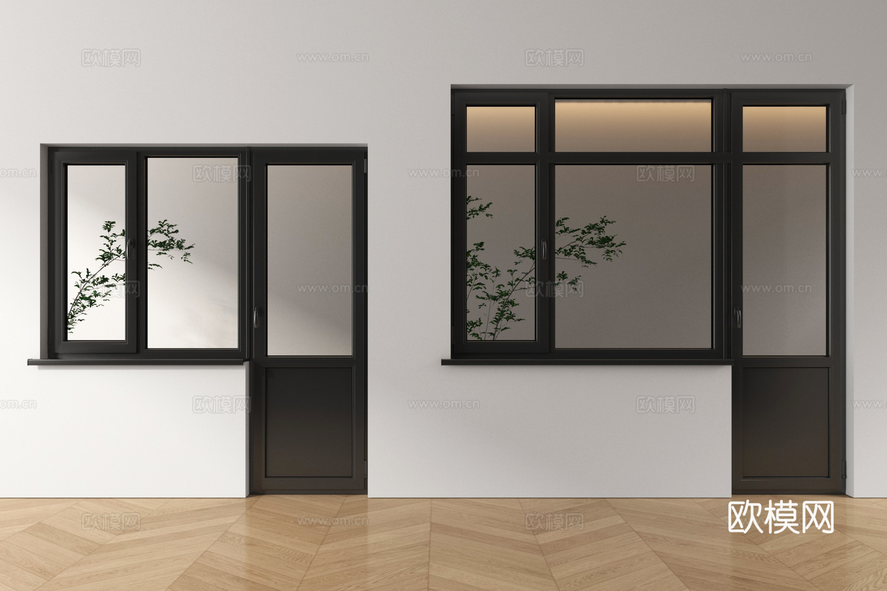 现代门联窗  窗户 连 玻璃门su模型