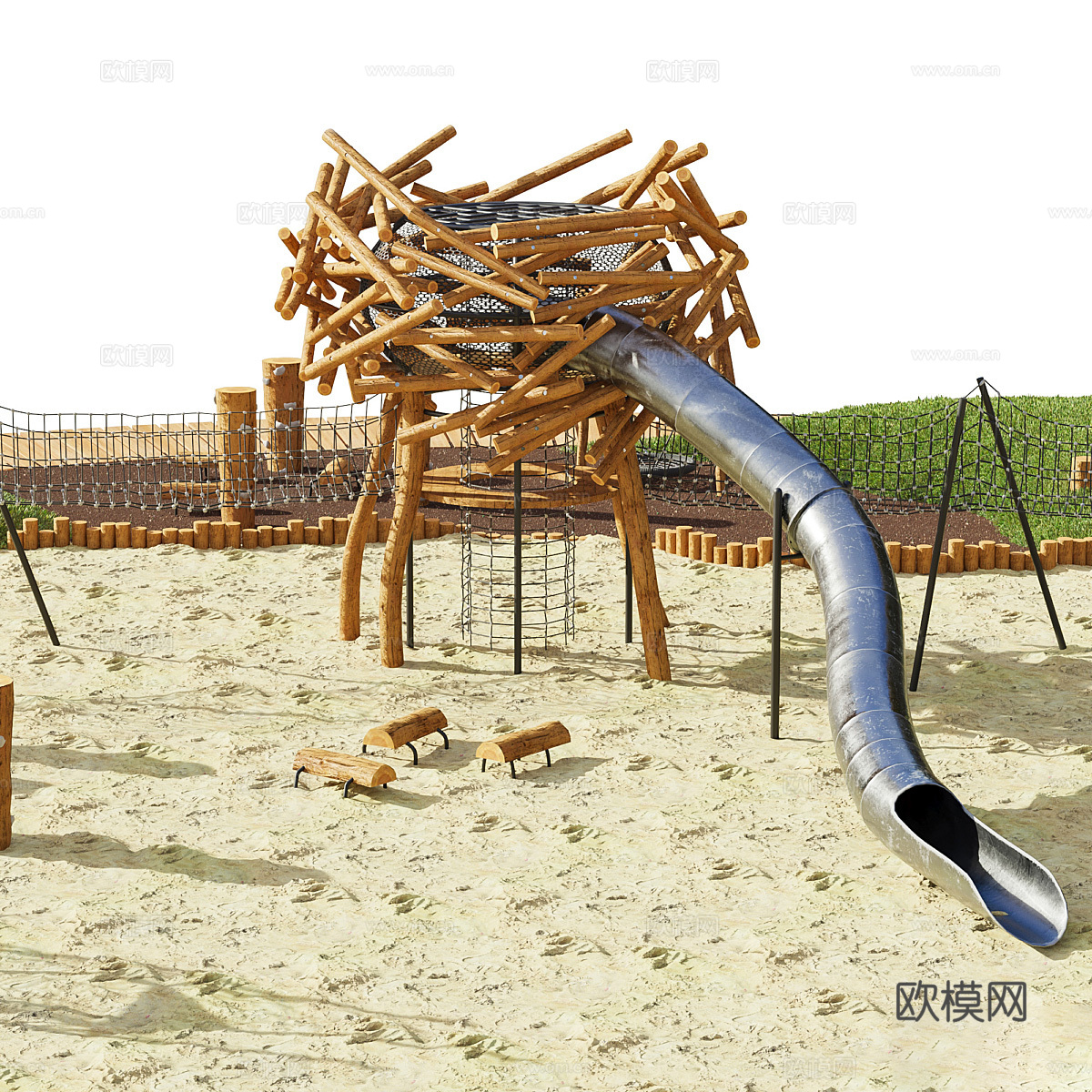 现代原木游乐场 沙滩3d模型下载（渲染图4）
