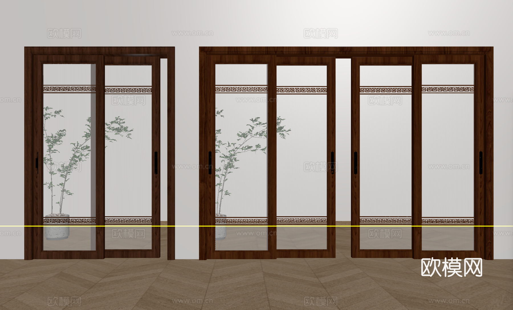 新中式推拉门 阳台门 玻璃推拉门 厨房门su模型