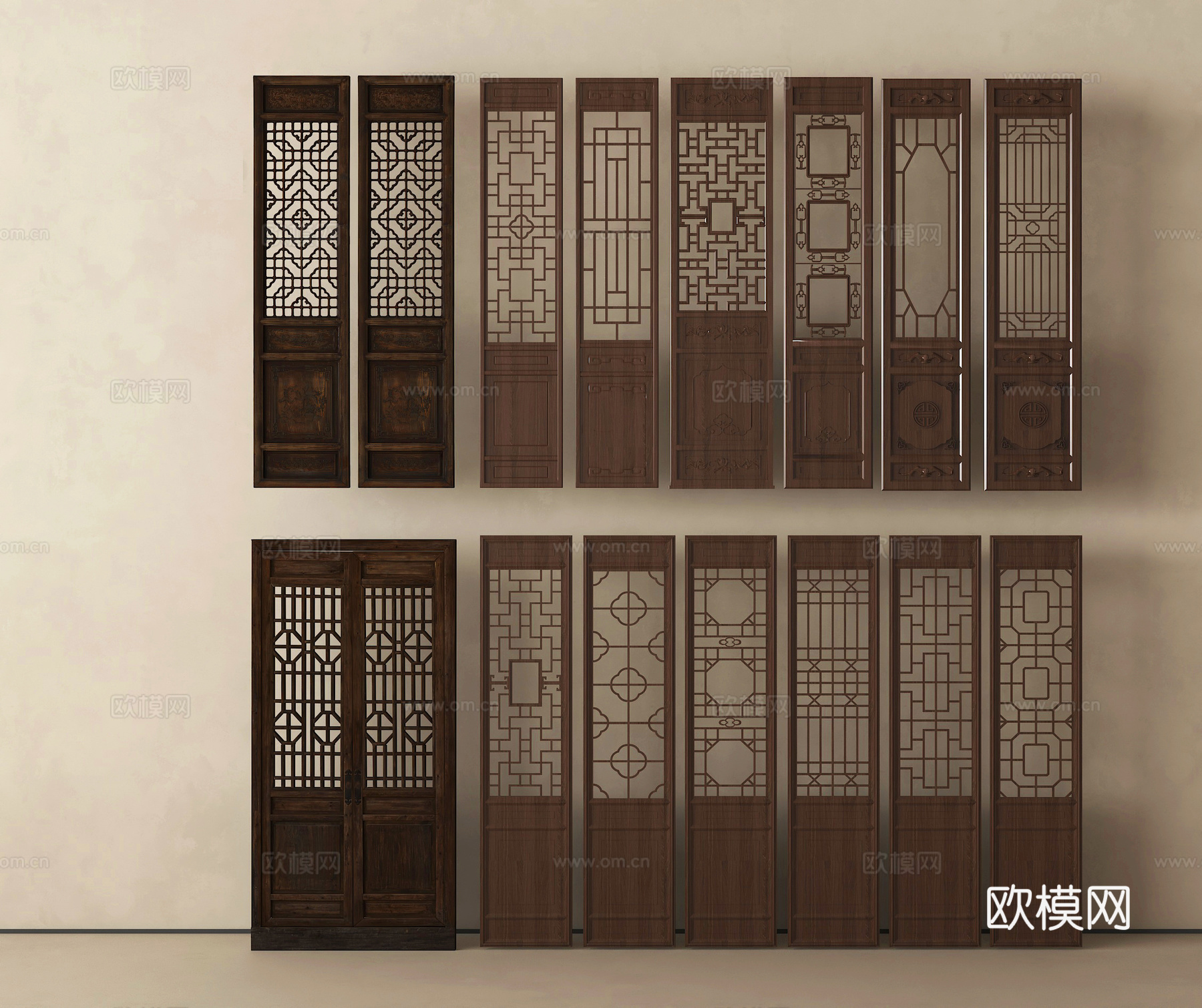 中式复古单开门 中式复古单开门 花格扇 镂空花格su模型