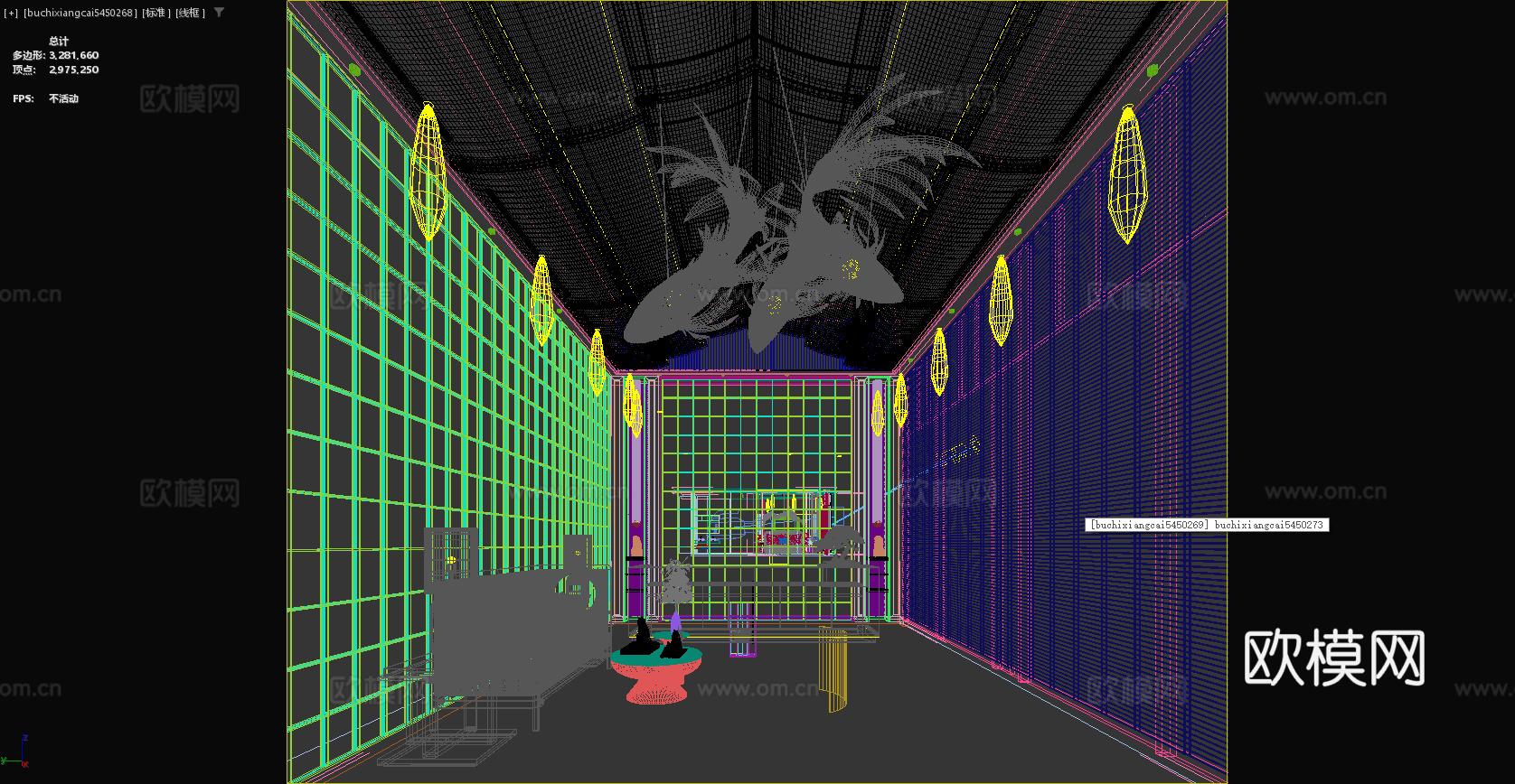 新中式大堂 新中式酒店 沙发 边几 台灯 茶几 艺术品 鱼3d模型下载（渲染图2）