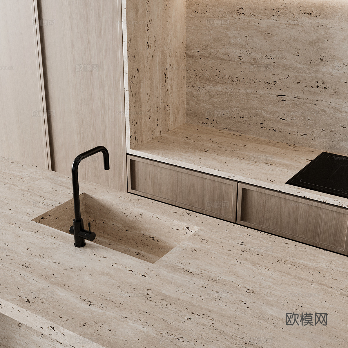 现代侘寂橱柜 岛台3d模型下载（渲染图3）