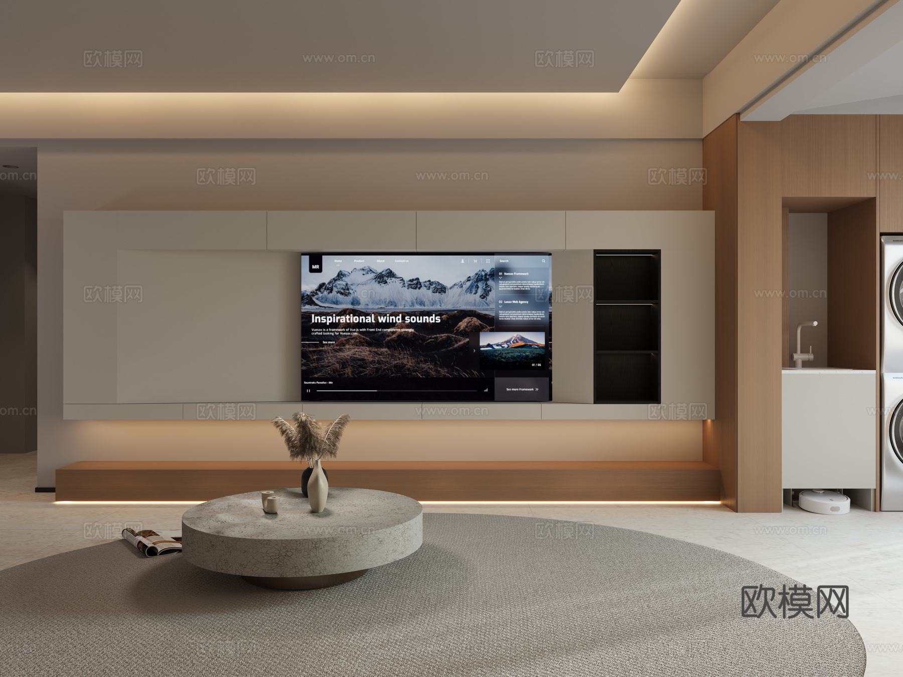 原木风客厅 大平层客厅 无主灯客厅 阳台柜 沙发背景墙3d模型下载（渲染图2）