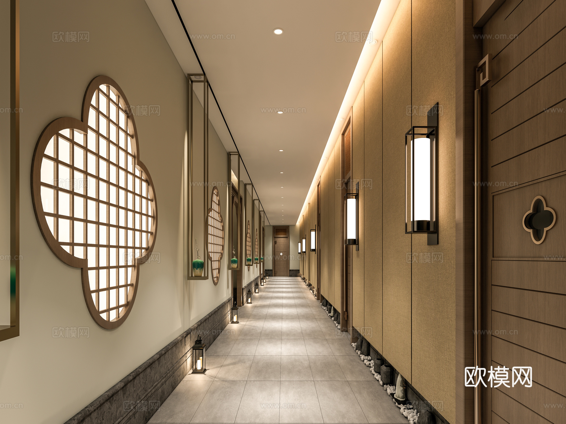 酒店过道走廊 会所商业空间走廊 墙面装饰墙饰 走廊过道 壁灯su模型