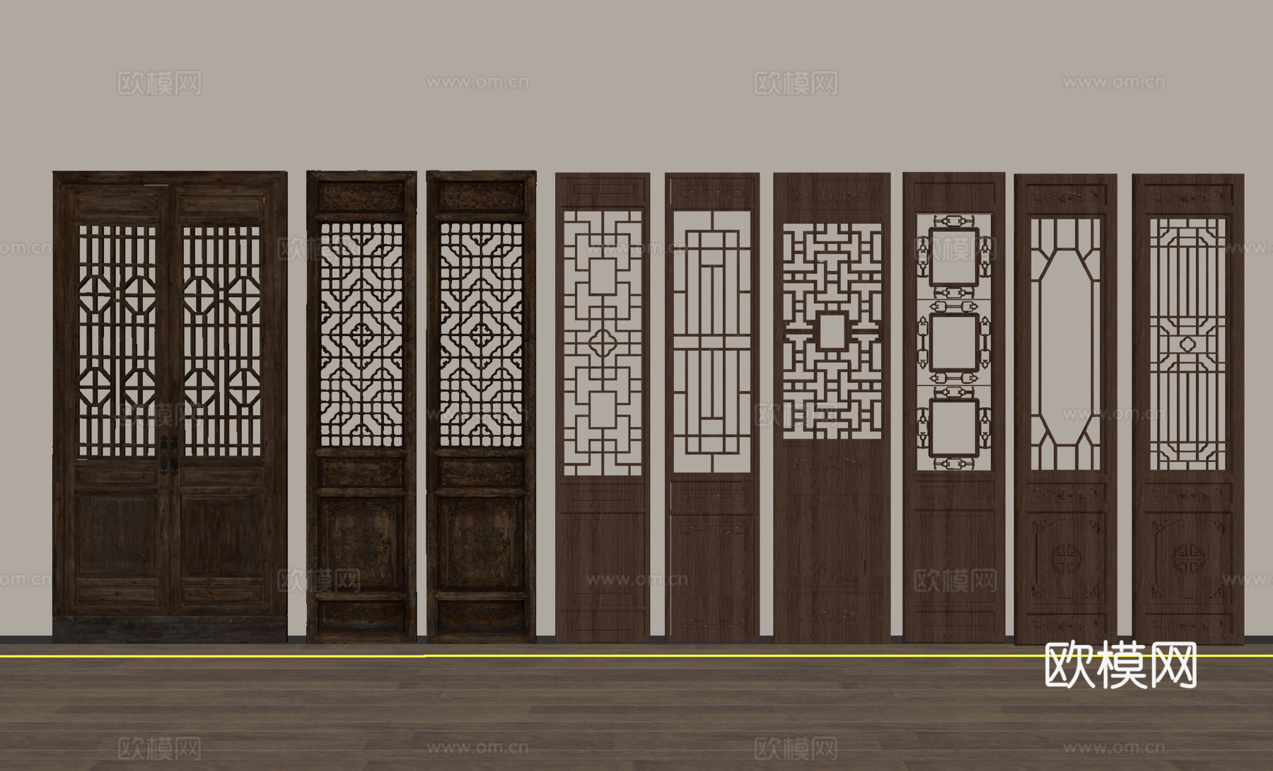 中式复古单开门 中式复古单开门 花格扇 镂空花格su模型