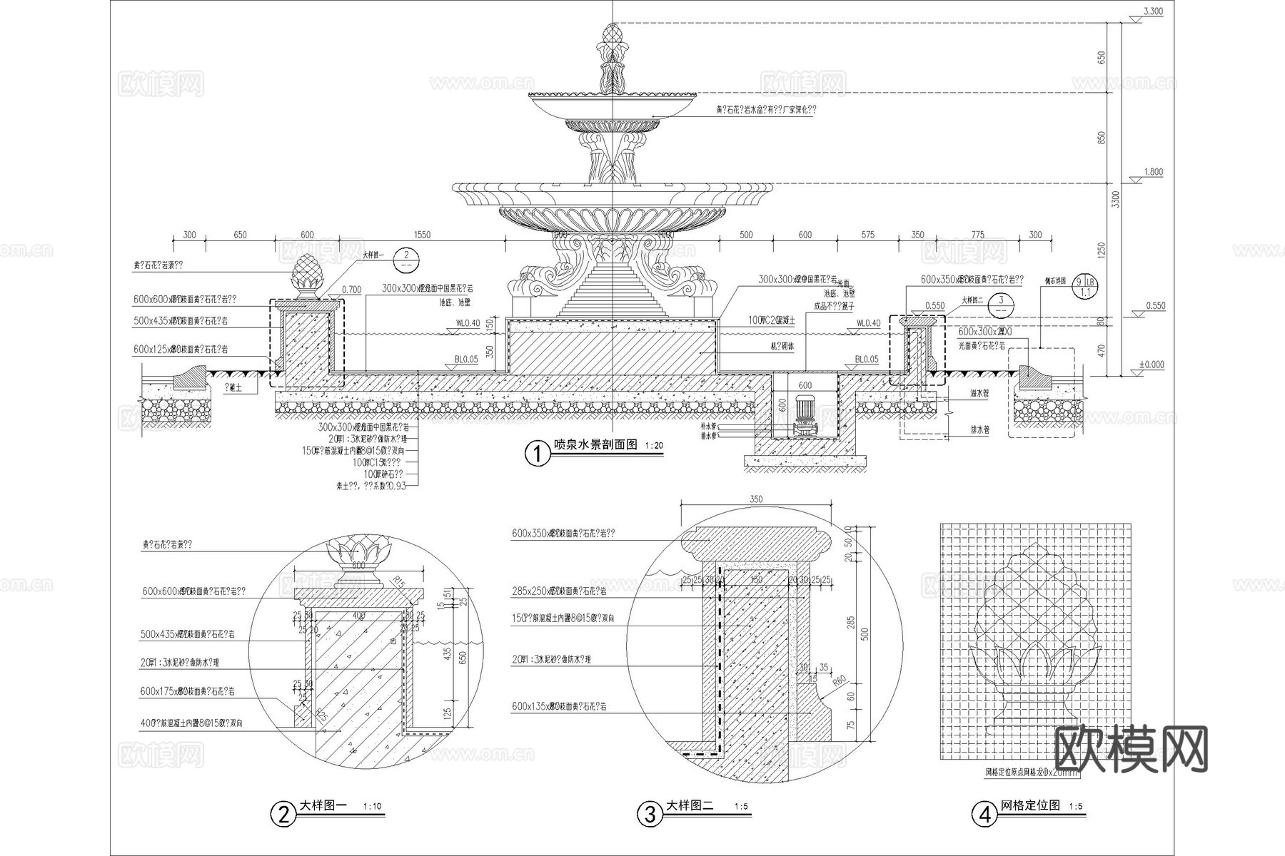 欧式景观小品 水景喷泉 欧式喷泉 欧式水景 欧式小品cad施工图