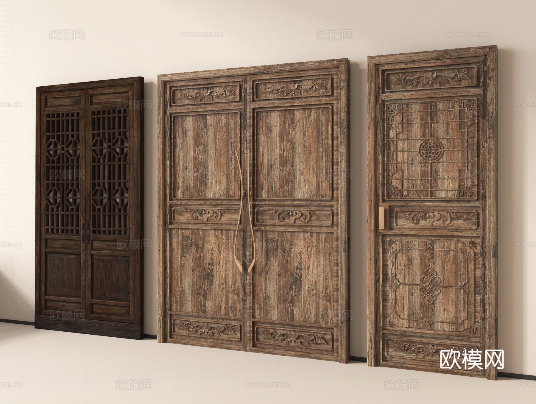 中式复古门 旧木 中式  老木门 镂空花格su模型