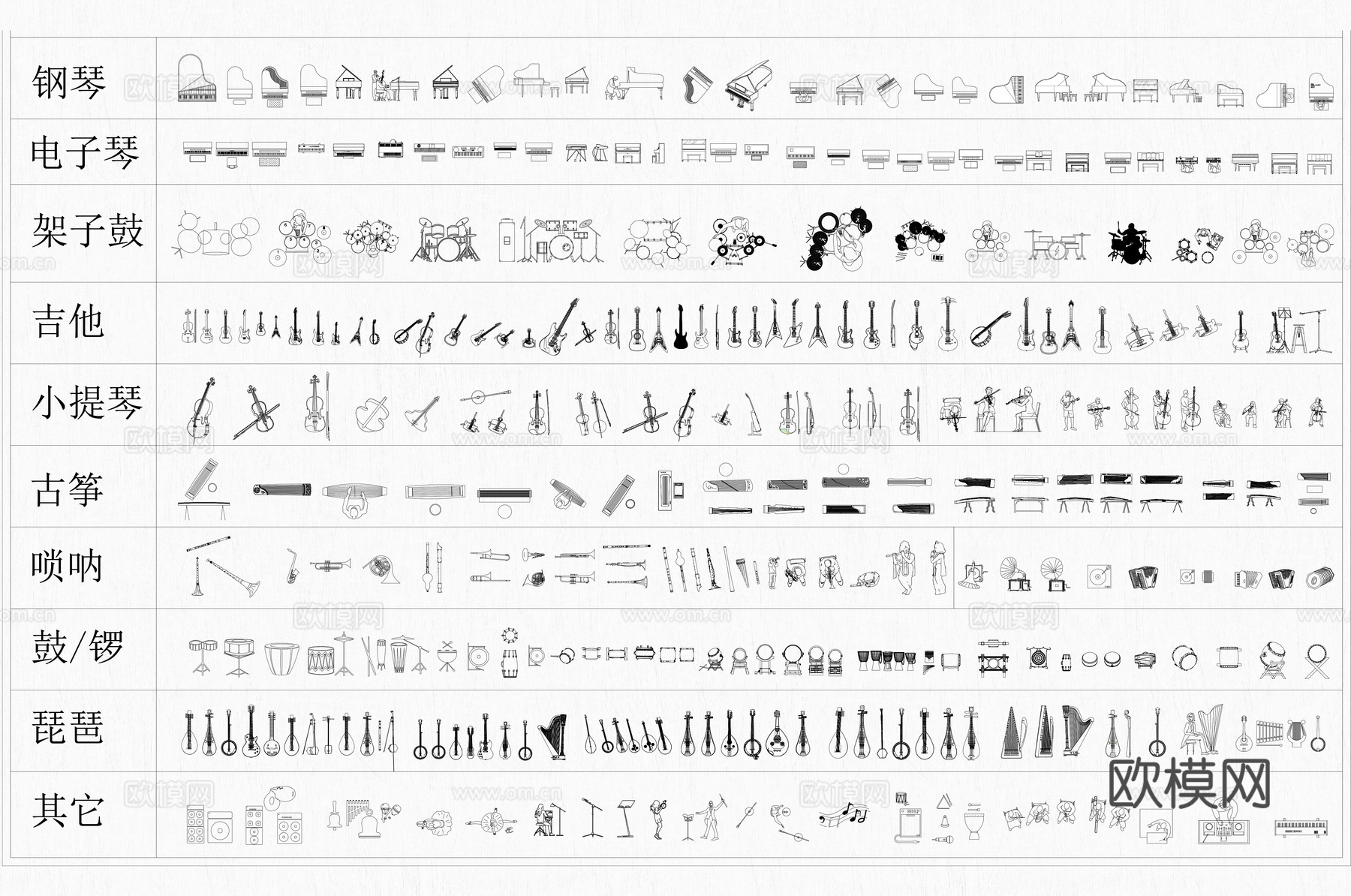 乐器图库钢琴古筝架子鼓小提琴cad施工图