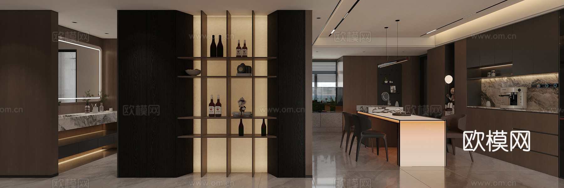 意式客餐厅岛台餐桌3d模型下载（渲染图2）