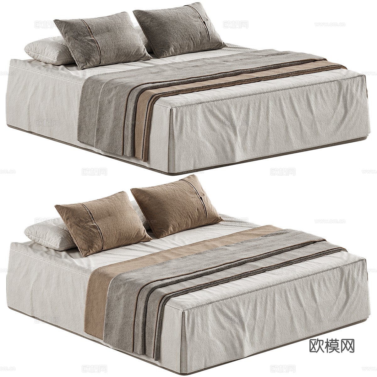 新中式布艺双人床 床上用品3d模型下载（渲染图1）