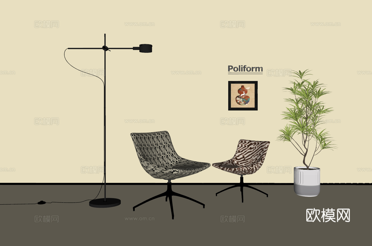 现代极简休闲椅 现代极简落地灯 现代绿植 现代挂画su模型