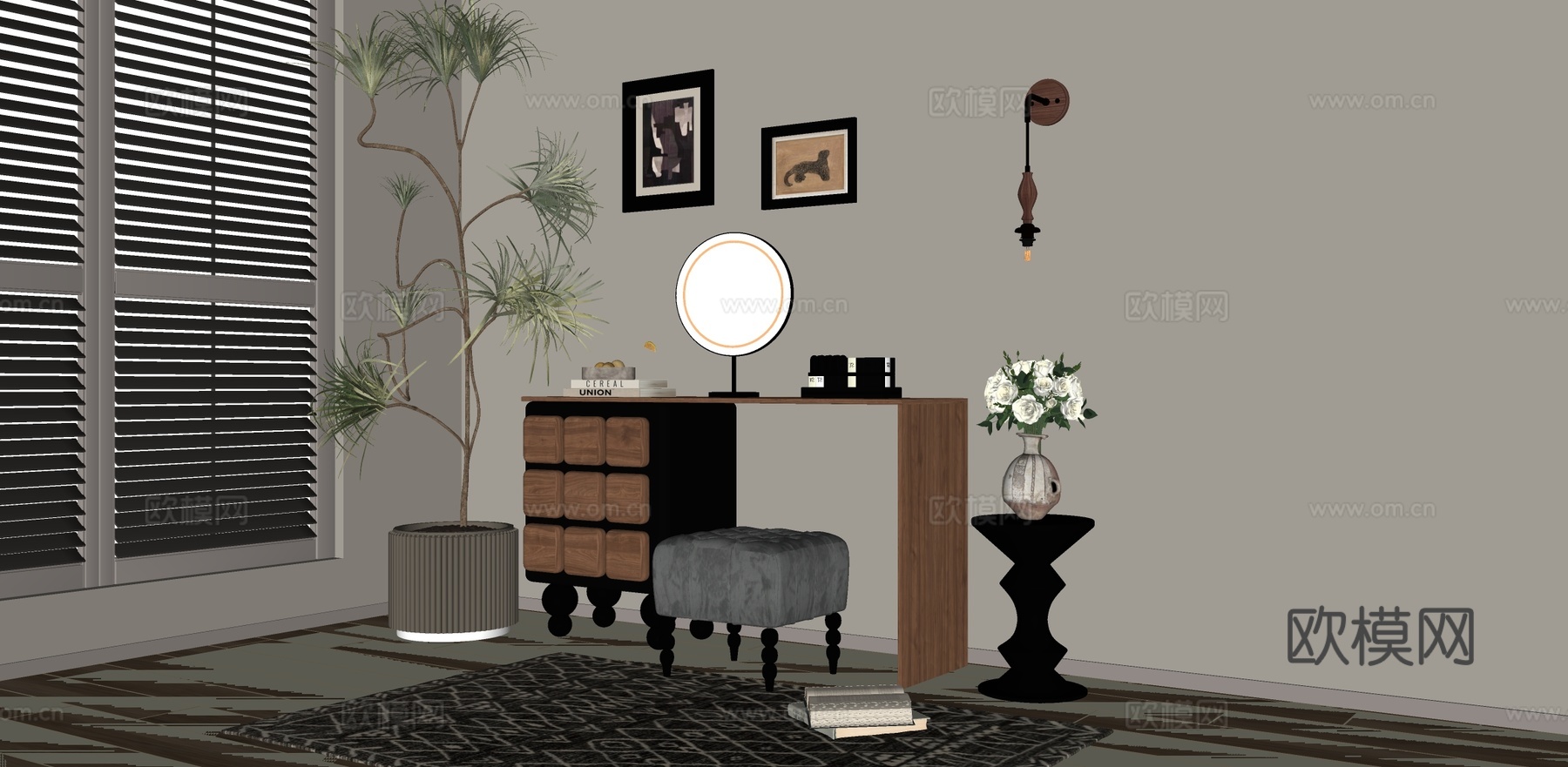 梳妆台化妆桌边几化妆品壁灯su模型