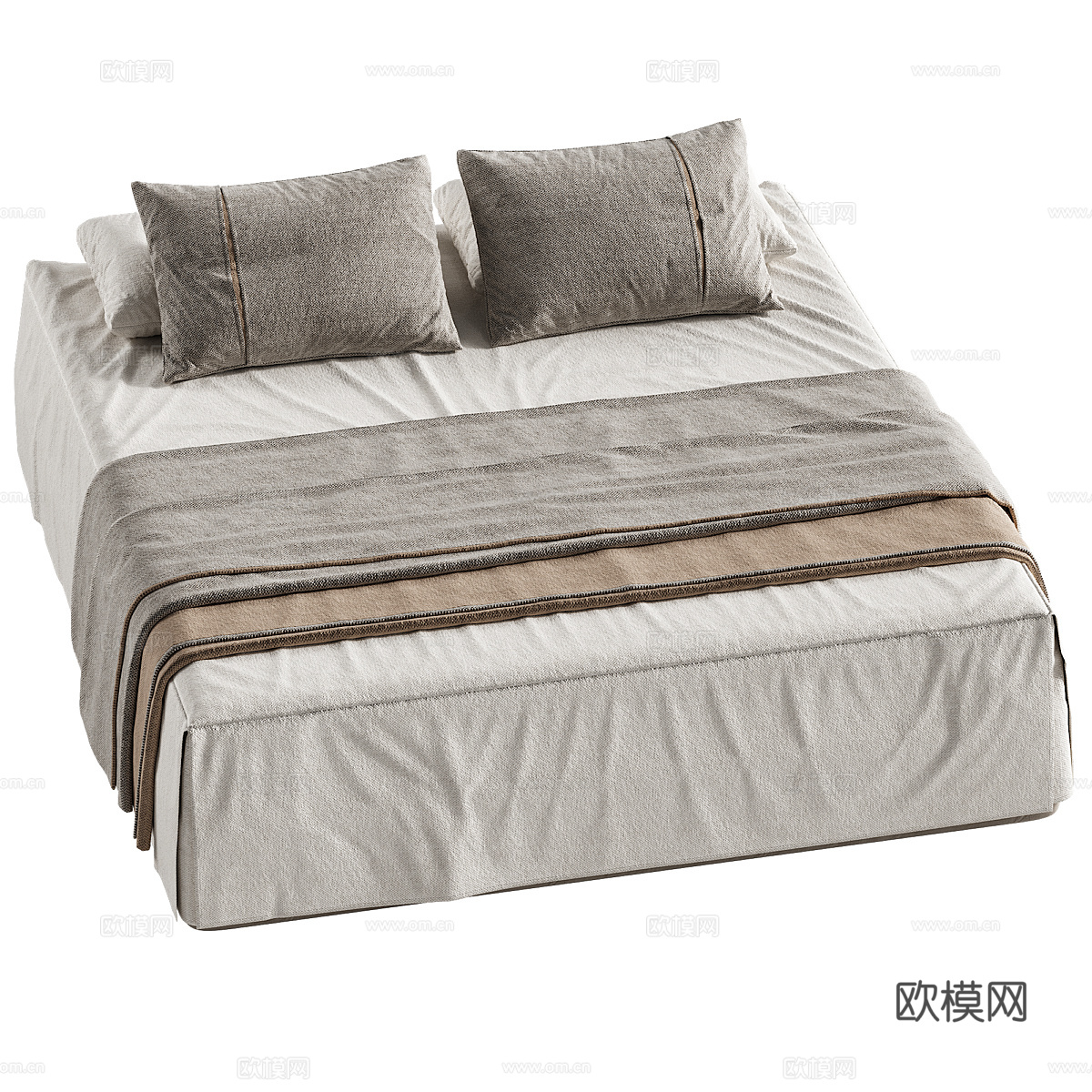 新中式布艺双人床 床上用品3d模型下载（渲染图3）