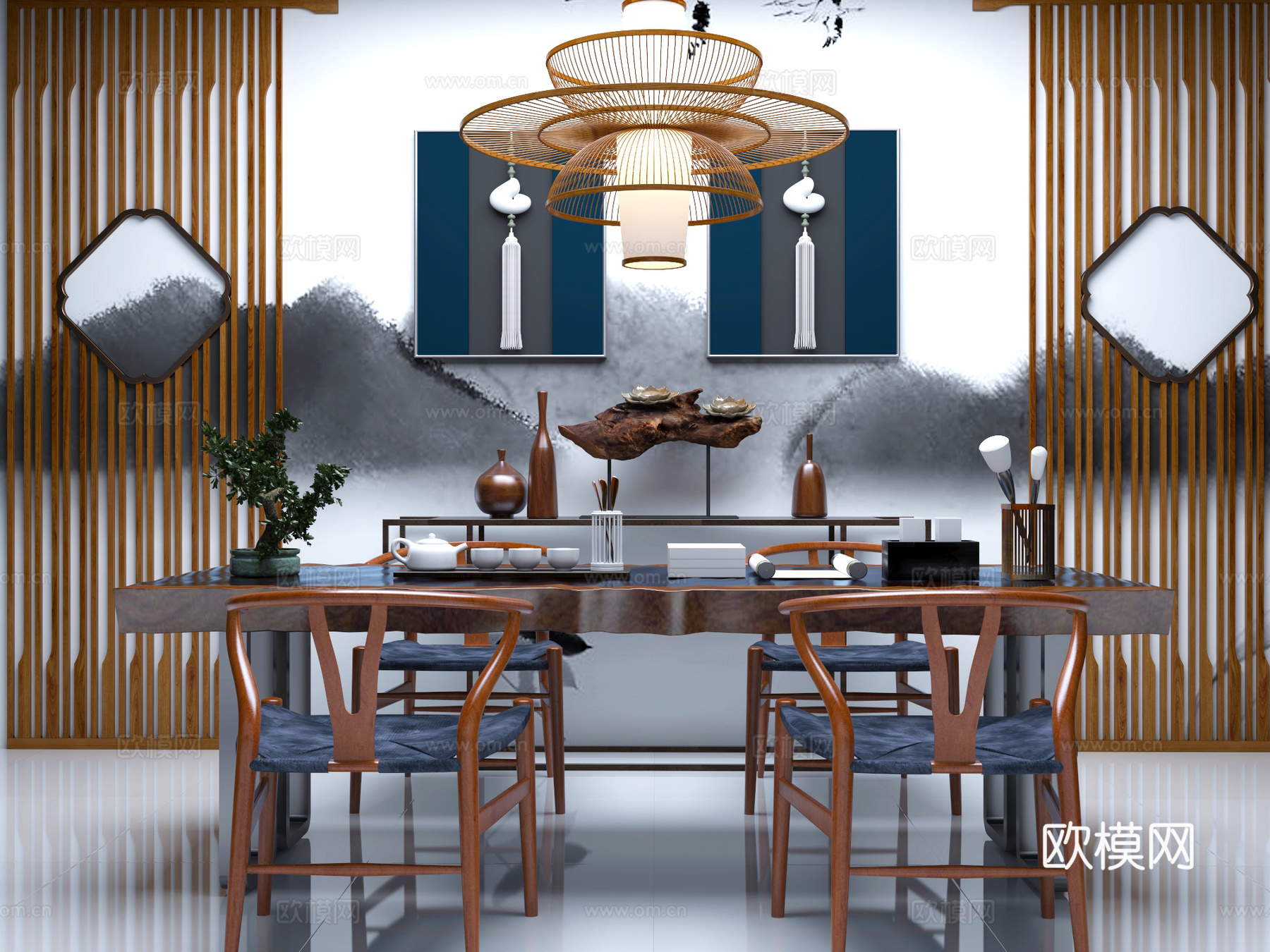 桌椅 茶桌椅 屏风3d模型下载（渲染图1）