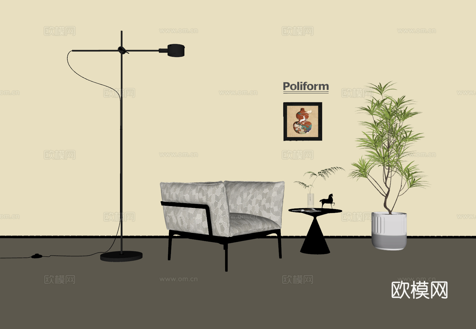 现代极简休闲椅 现代休闲沙发椅 现代极简落地灯 现代绿植su模型