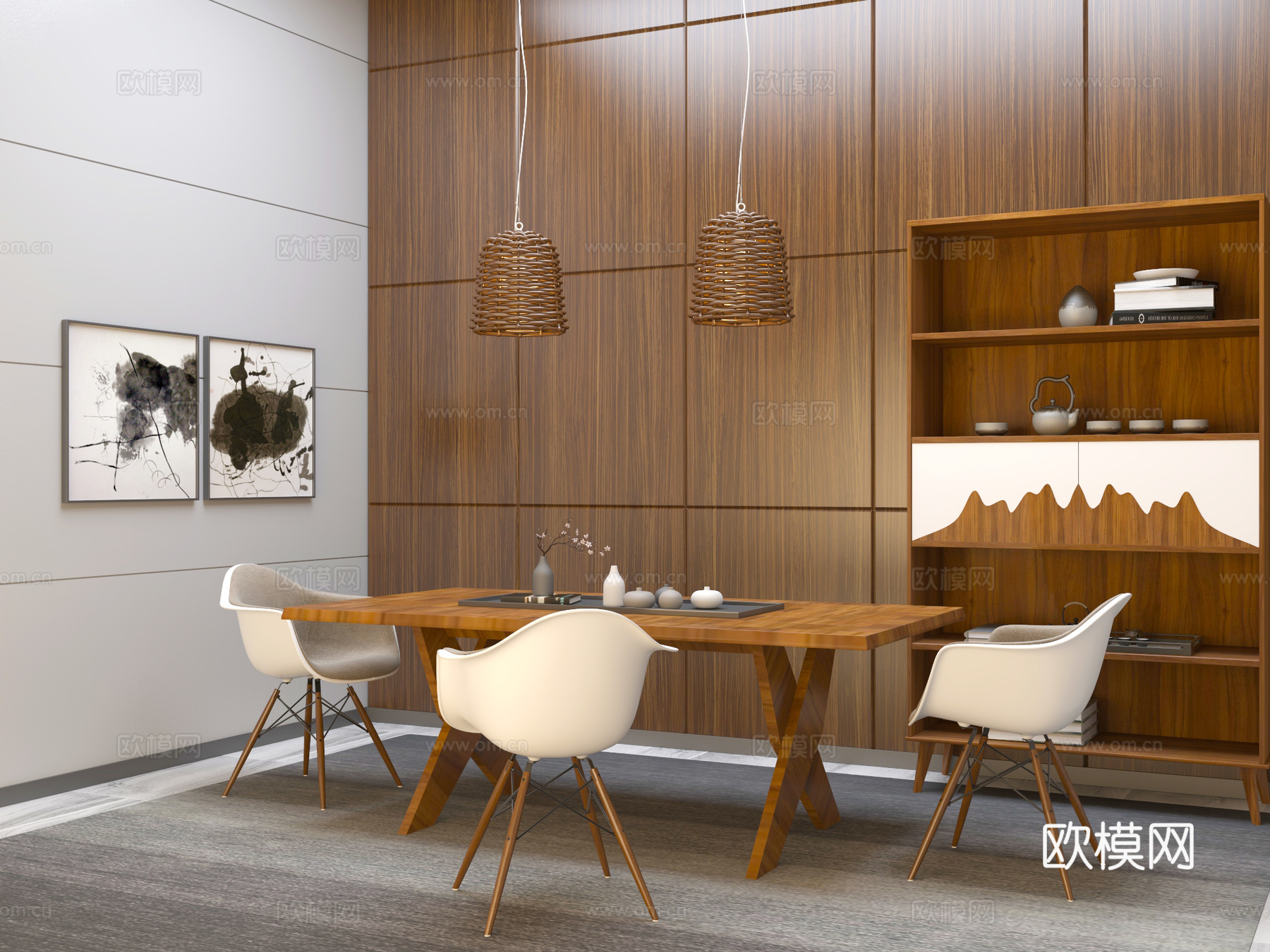 桌椅 休闲桌椅 茶桌椅 吊灯 书柜3d模型下载（渲染图1）