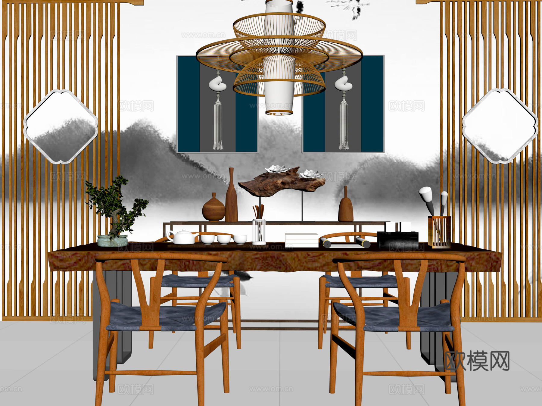 桌椅 茶桌椅 屏风3d模型下载（渲染图2）