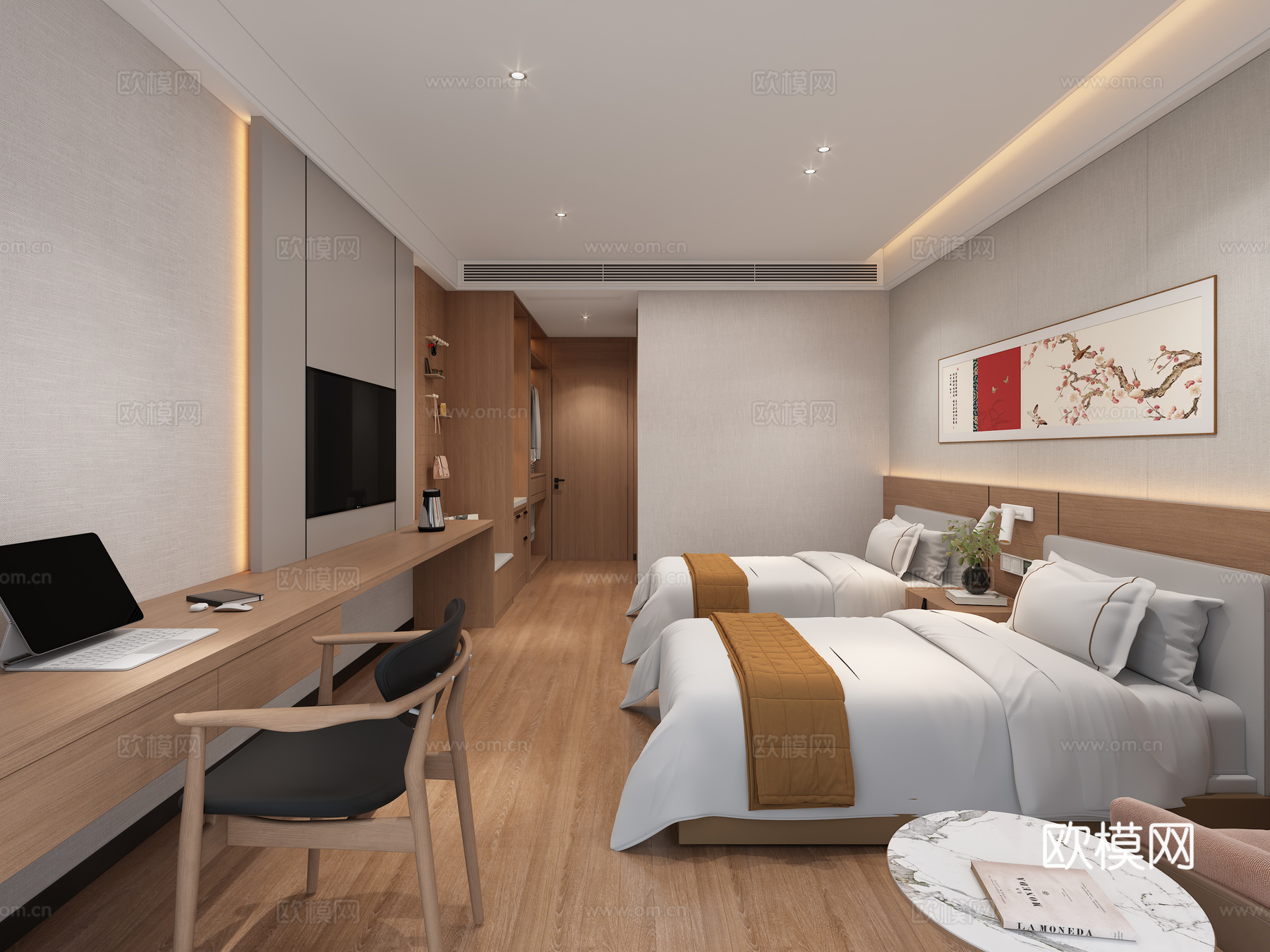 现代原木风宾馆酒店标准间标间3d模型