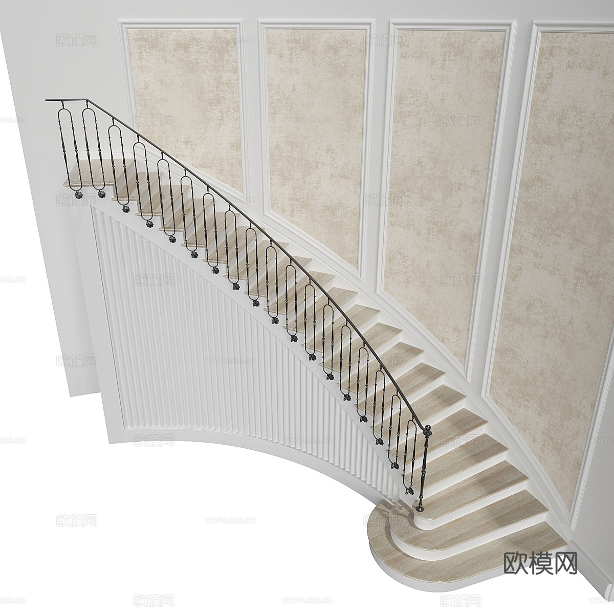 美式简约弧形扶手楼梯3d模型下载（渲染图2）