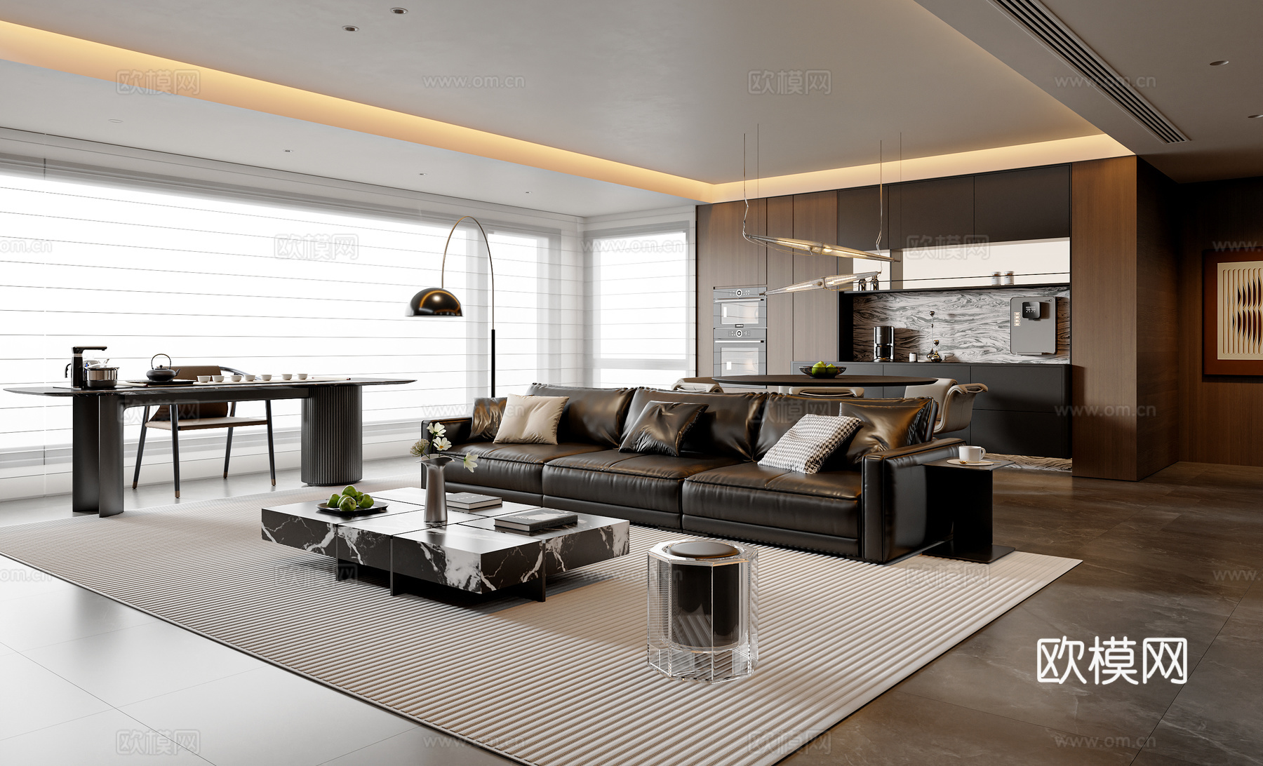 现代意式客餐厅 沙发茶几组合 意式茶桌椅组合 餐边柜 圆餐桌3d模型下载