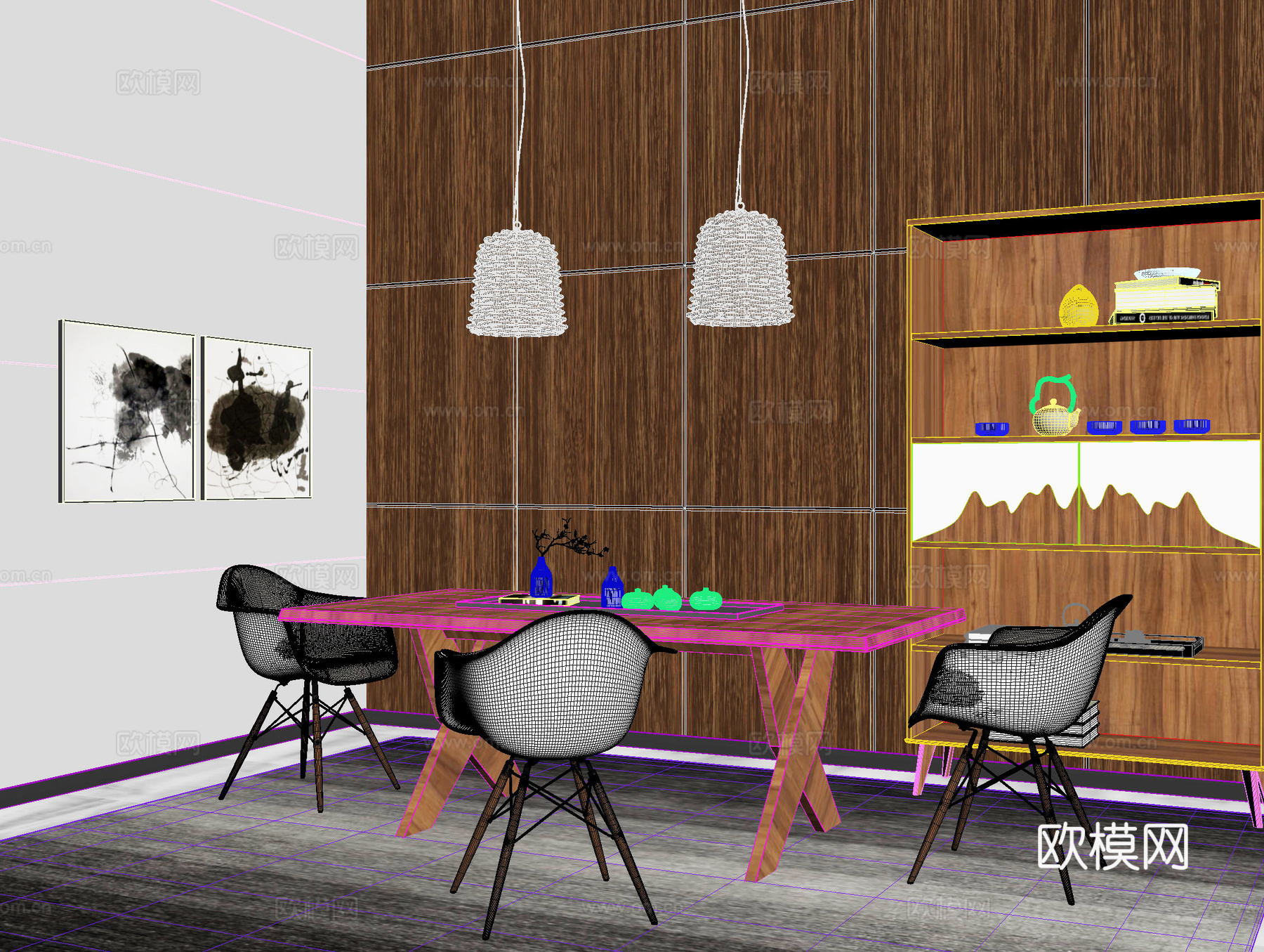 桌椅 休闲桌椅 茶桌椅 吊灯 书柜3d模型下载（渲染图2）