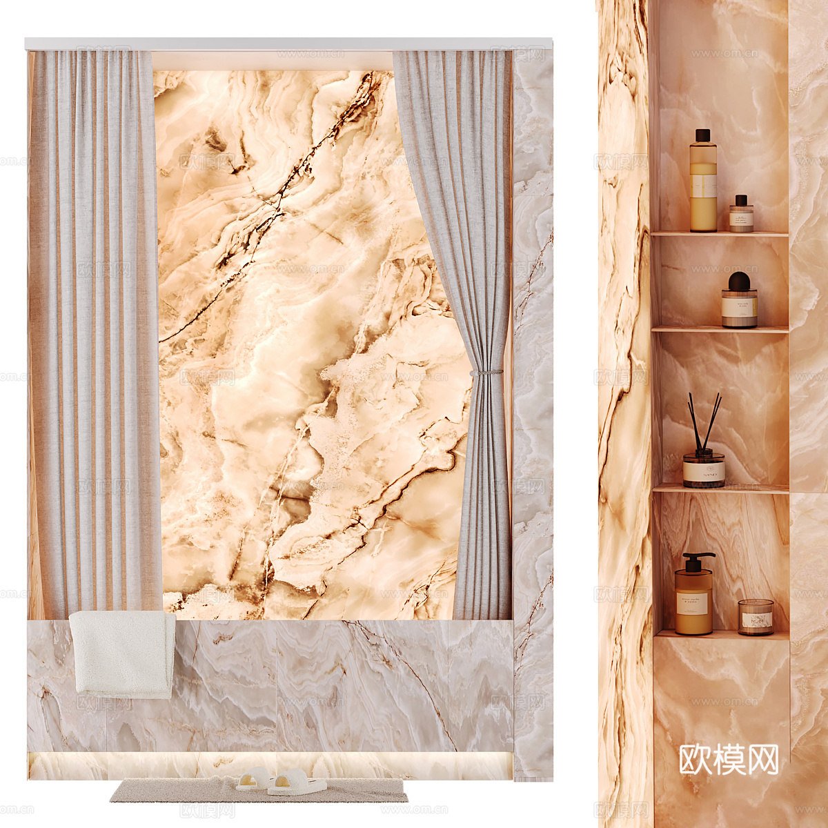 现代轻奢透光石浴缸 浴帘 壁龛3d模型下载（渲染图1）