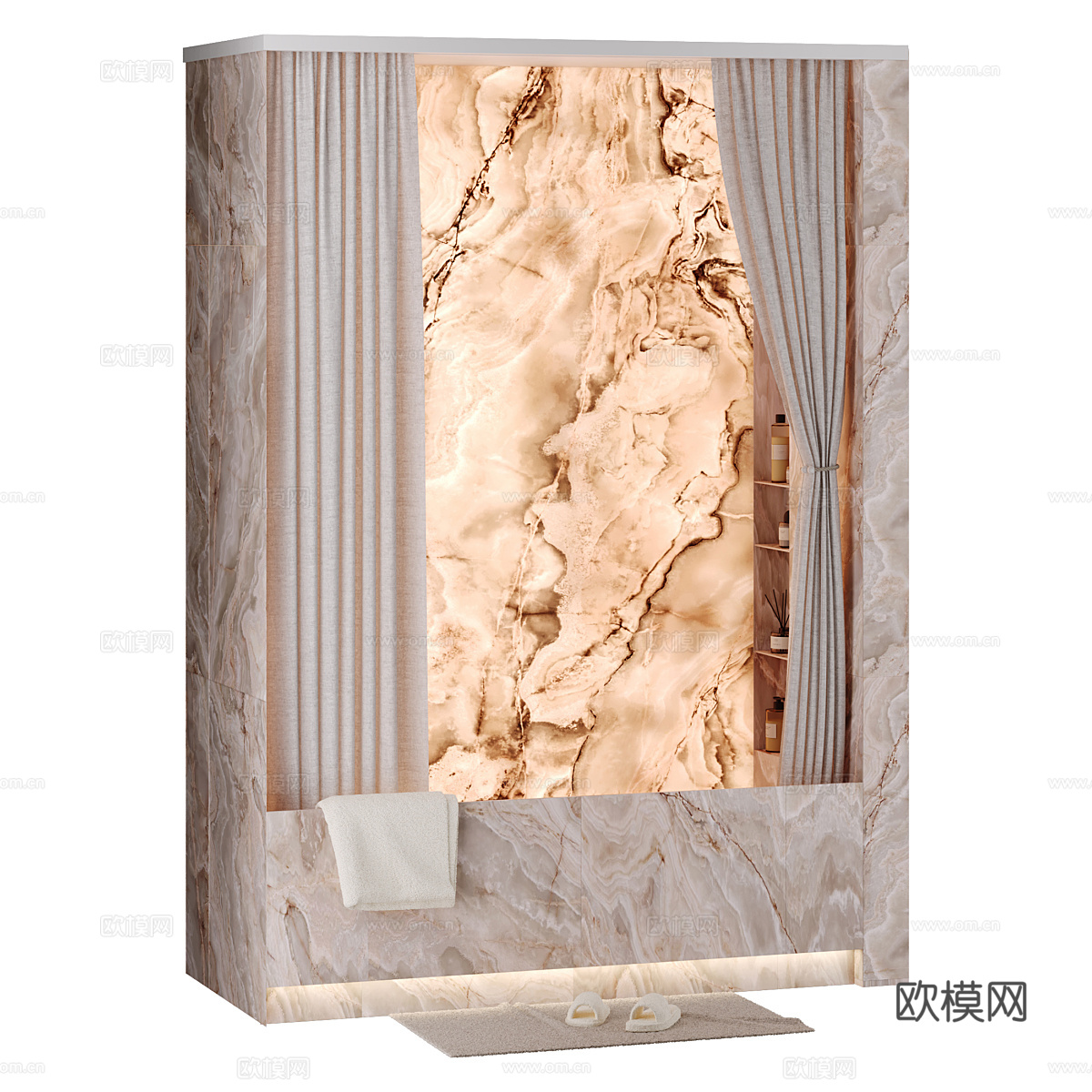 现代轻奢透光石浴缸 浴帘 壁龛3d模型下载（渲染图2）