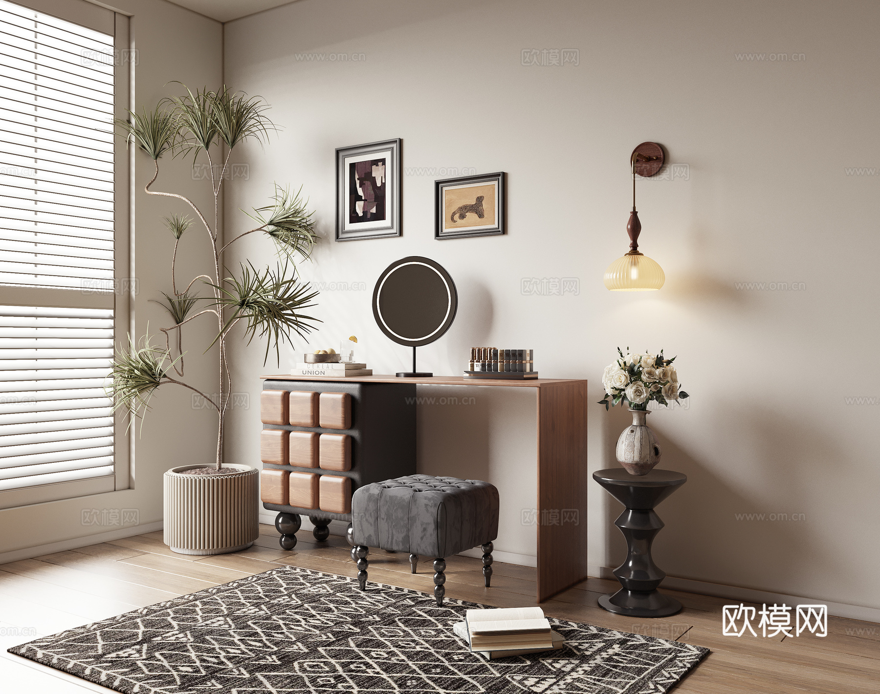 梳妆台化妆桌边几化妆品壁灯su模型