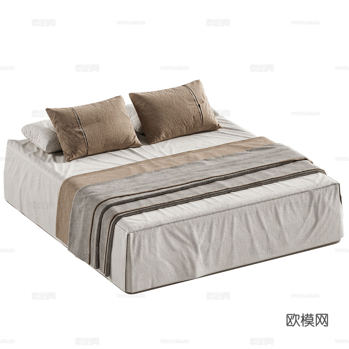 新中式布艺双人床 床上用品3d模型下载（渲染图2）