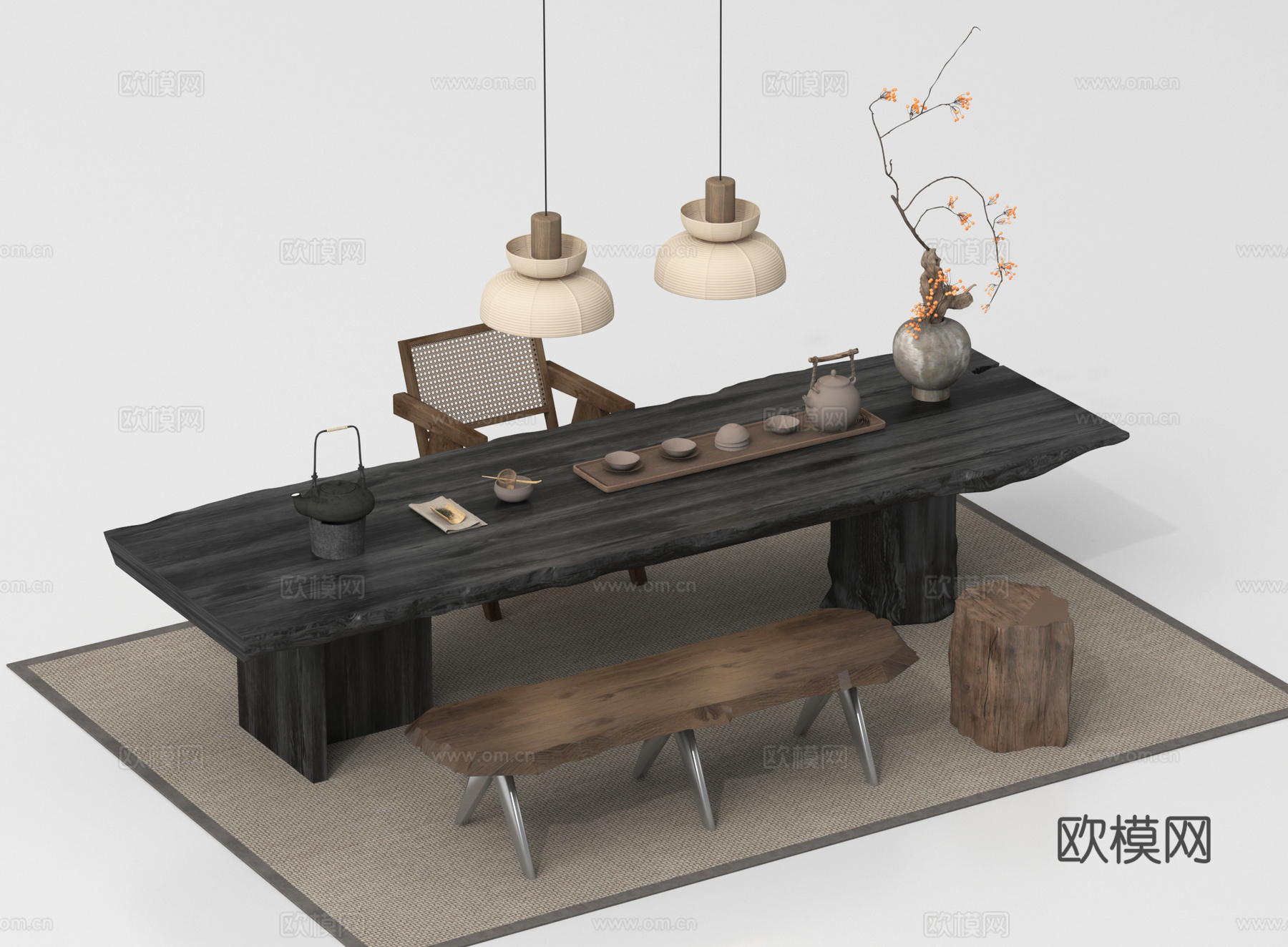 新中式中古茶桌椅 茶具 长凳 休闲椅su模型su模型