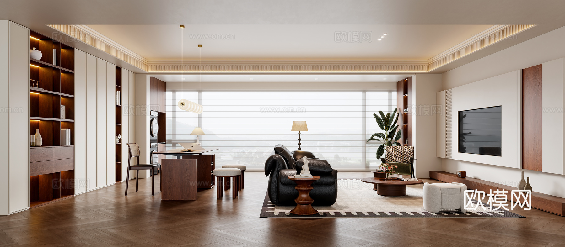 中古风客厅 沙发茶几 书桌椅 电视背景墙 书柜 吊灯su模型