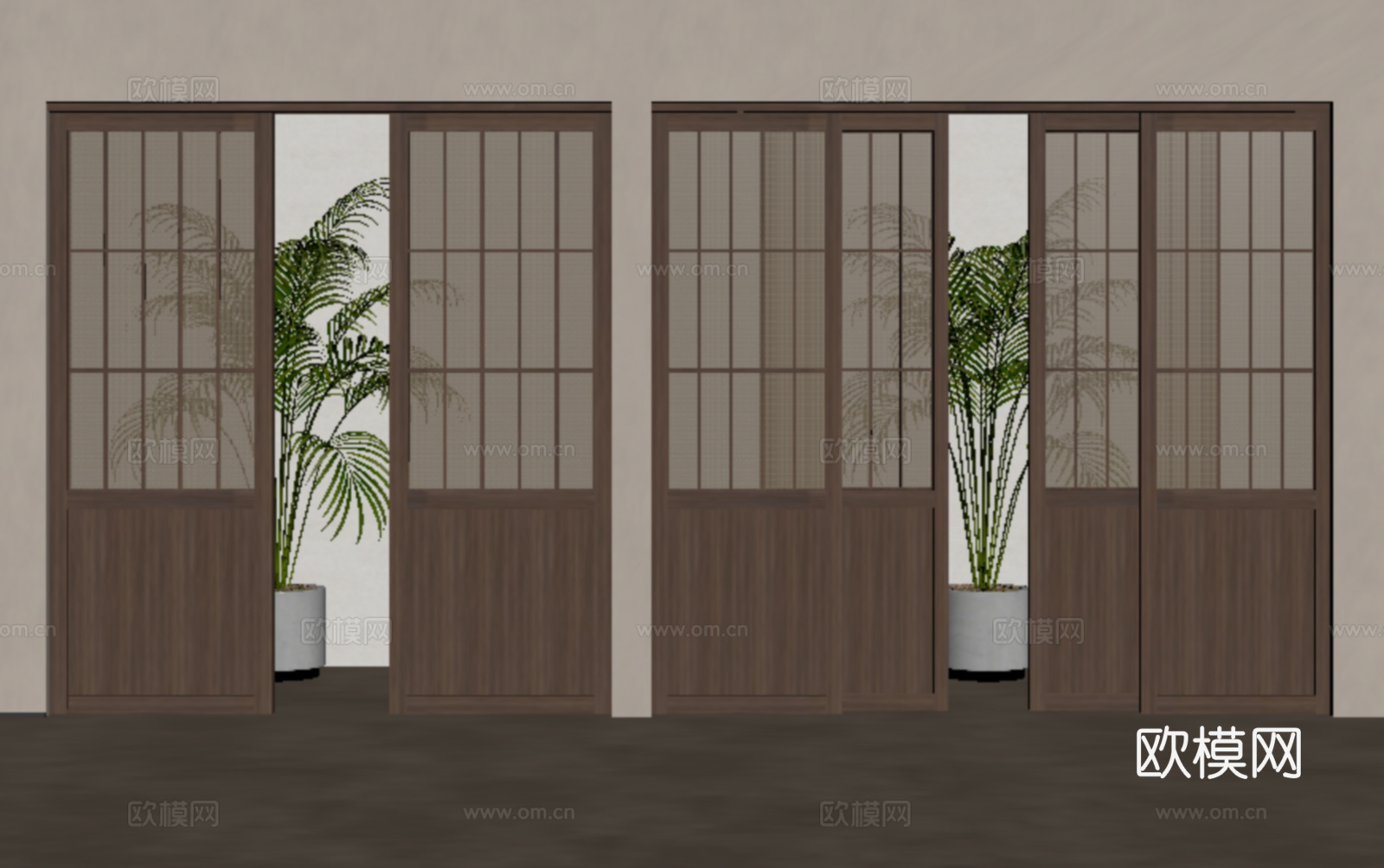 中古侘寂推拉门 藤编木移门su模型
