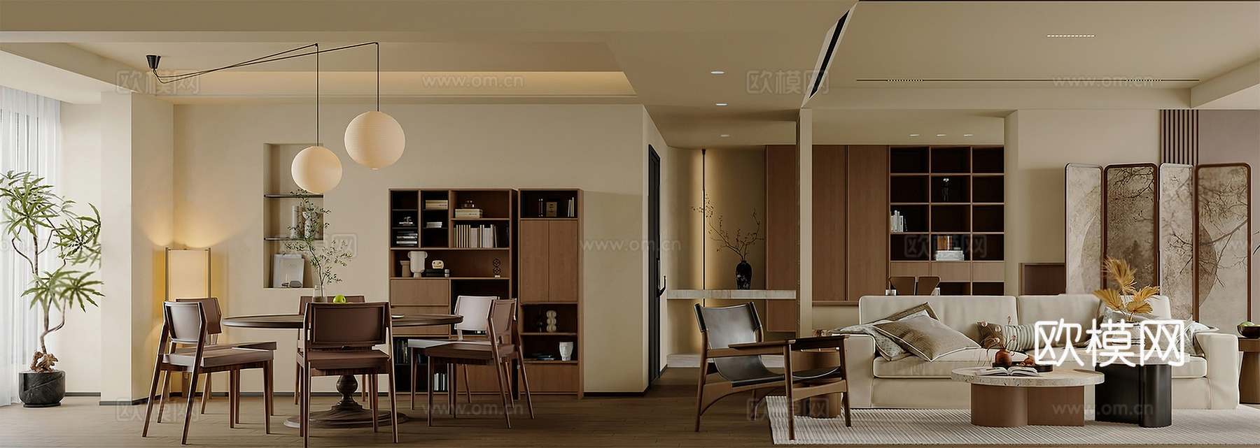 现代中古客厅餐厅 现代新中式客餐厅 禅意客餐厅屏风 中古餐桌su模型