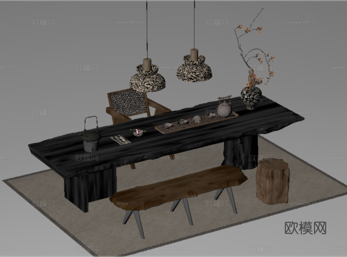 新中式中古茶桌椅 茶具 长凳 休闲椅su模型su模型