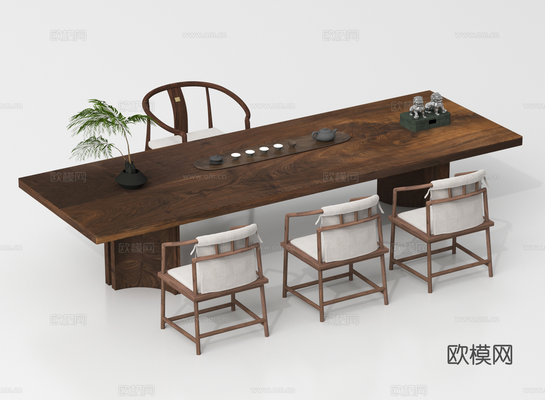 新中式茶桌椅 茶具su模型