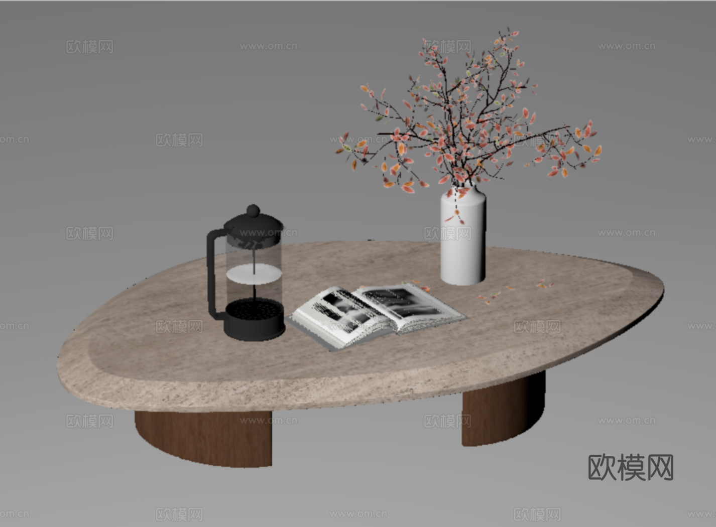 侘寂风茶几 大理石 花艺摆件su模型