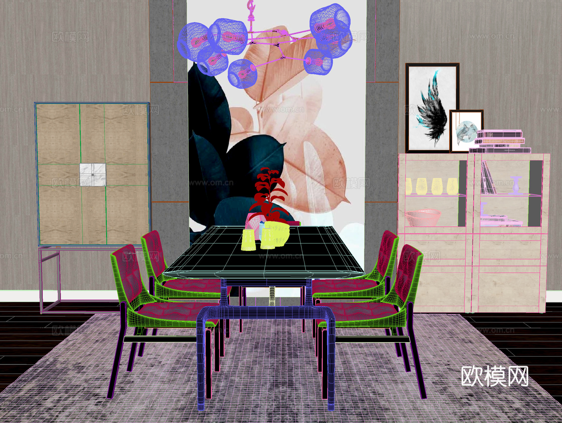 桌椅 休闲桌椅 餐桌椅 吊灯 屏风3d模型下载（渲染图2）