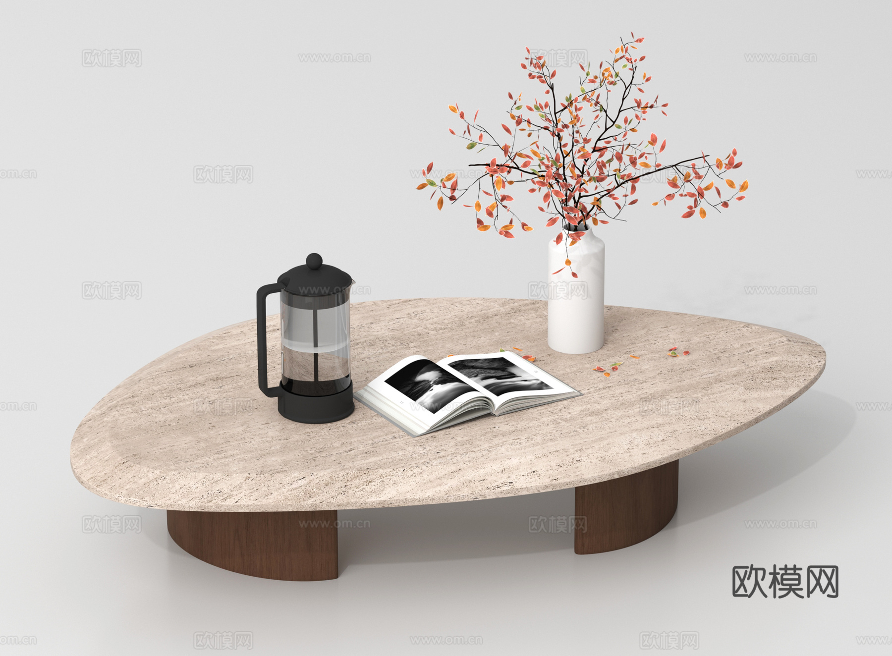 侘寂风茶几 大理石 花艺摆件su模型