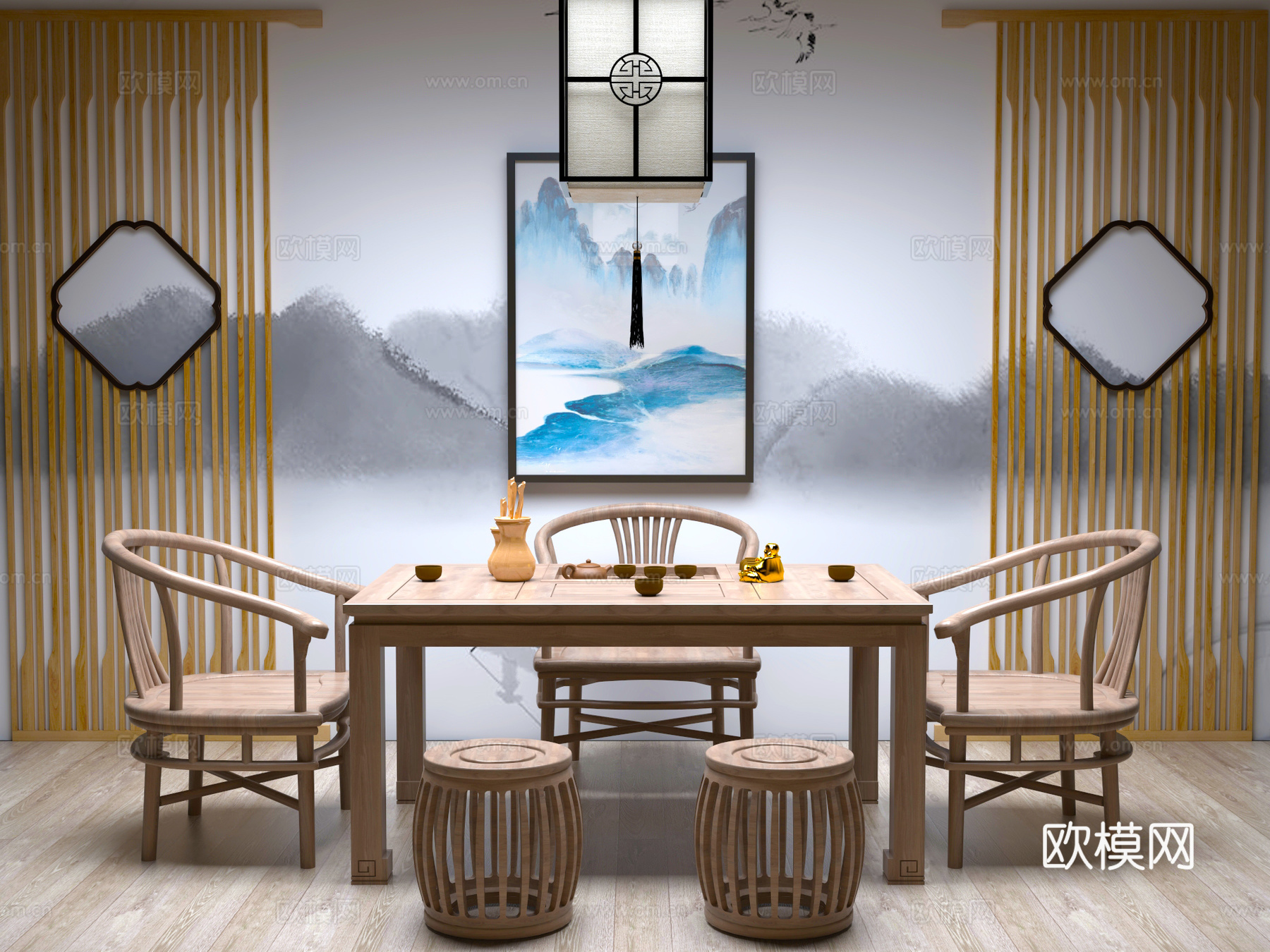 中式桌椅 休闲桌椅 茶桌椅 吊灯 屏风3d模型下载（渲染图1）