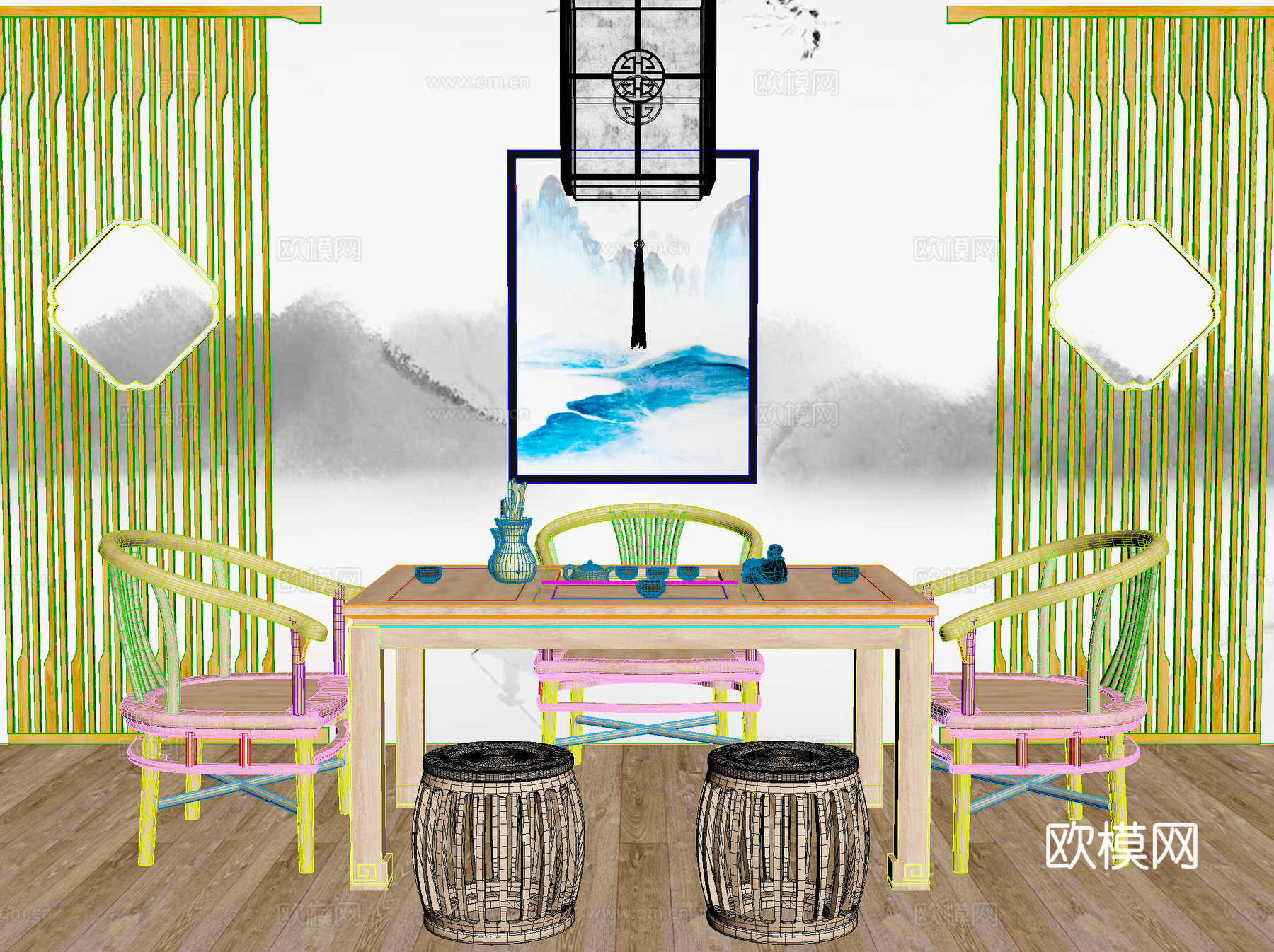 中式桌椅 休闲桌椅 茶桌椅 吊灯 屏风3d模型下载（渲染图2）
