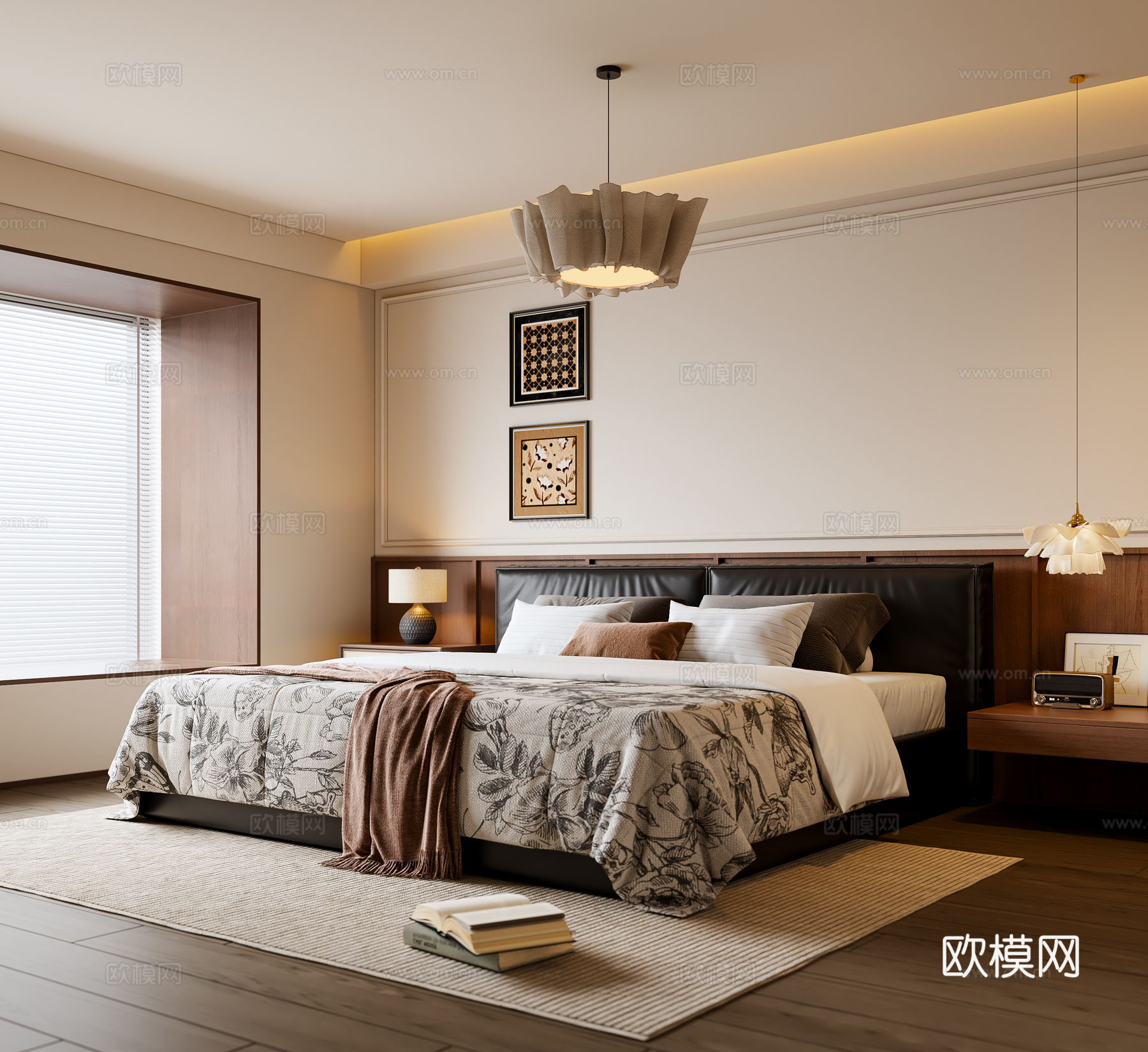 中古风卧室 皮质双人床 床头柜 吊灯 挂画 地毯su模型