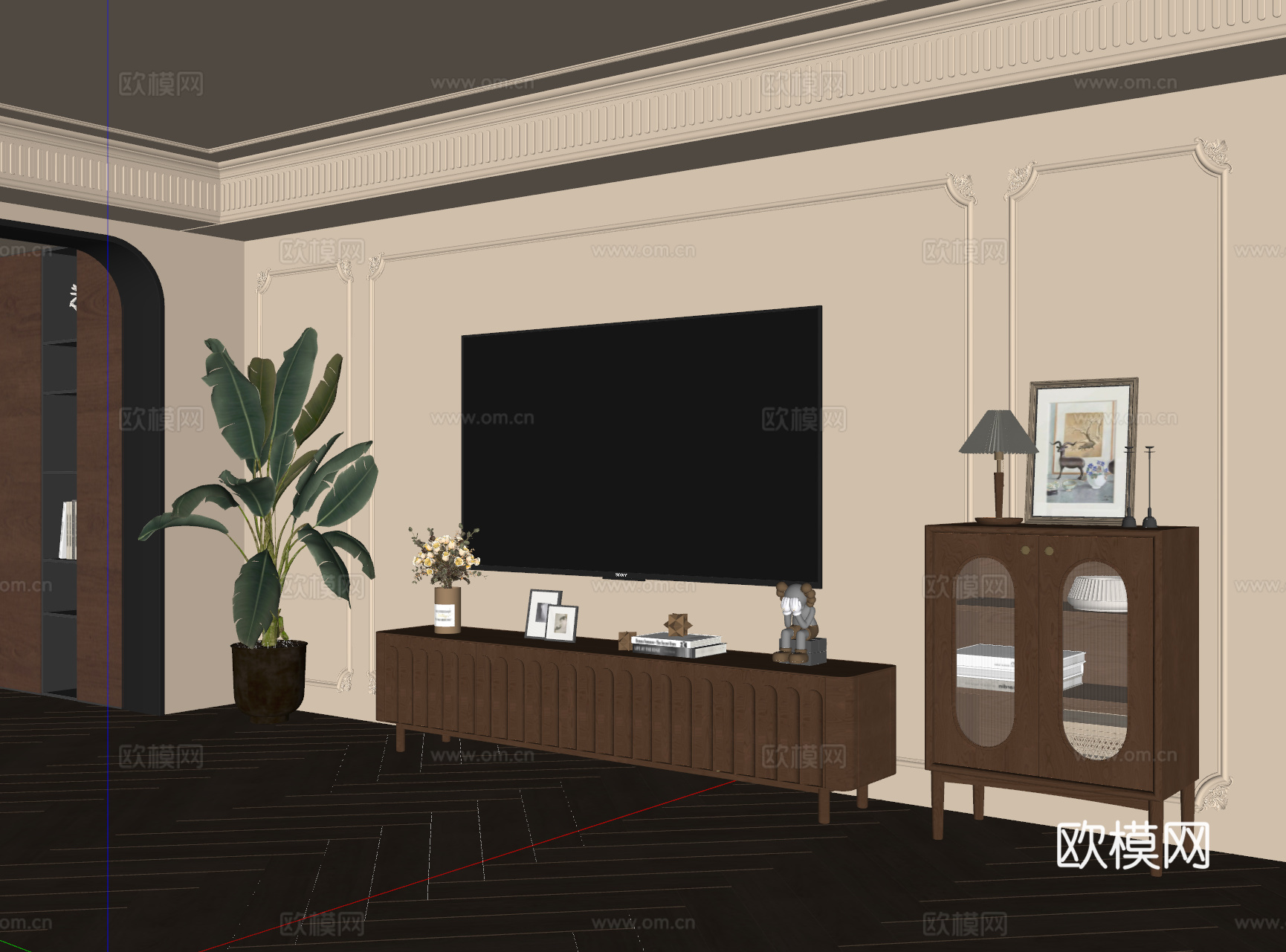 法式中古风电视柜 电视机 斗柜 盆栽 饰品摆件su模型