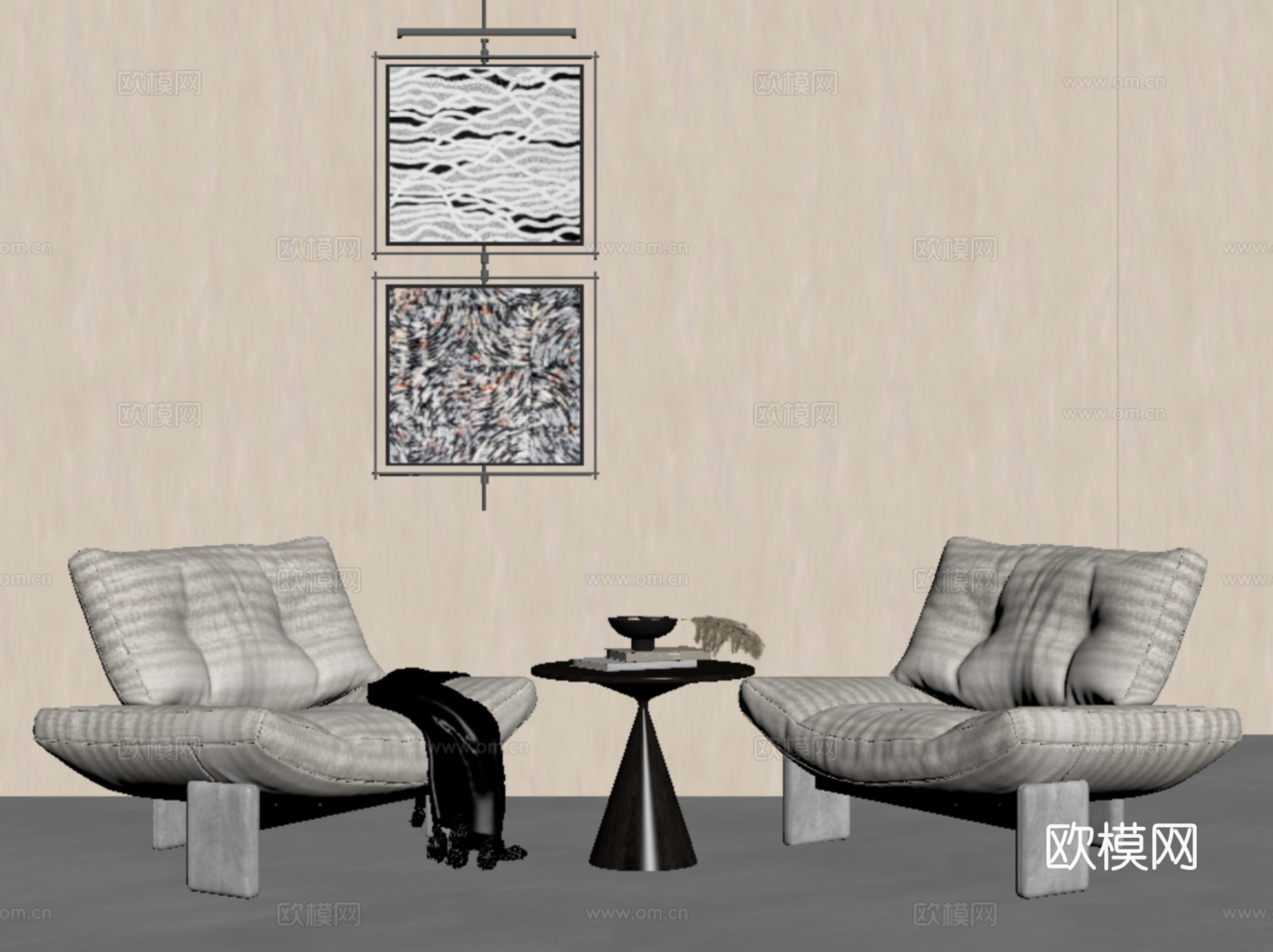 现代单人沙发 休闲单椅 边几 挂画su模型