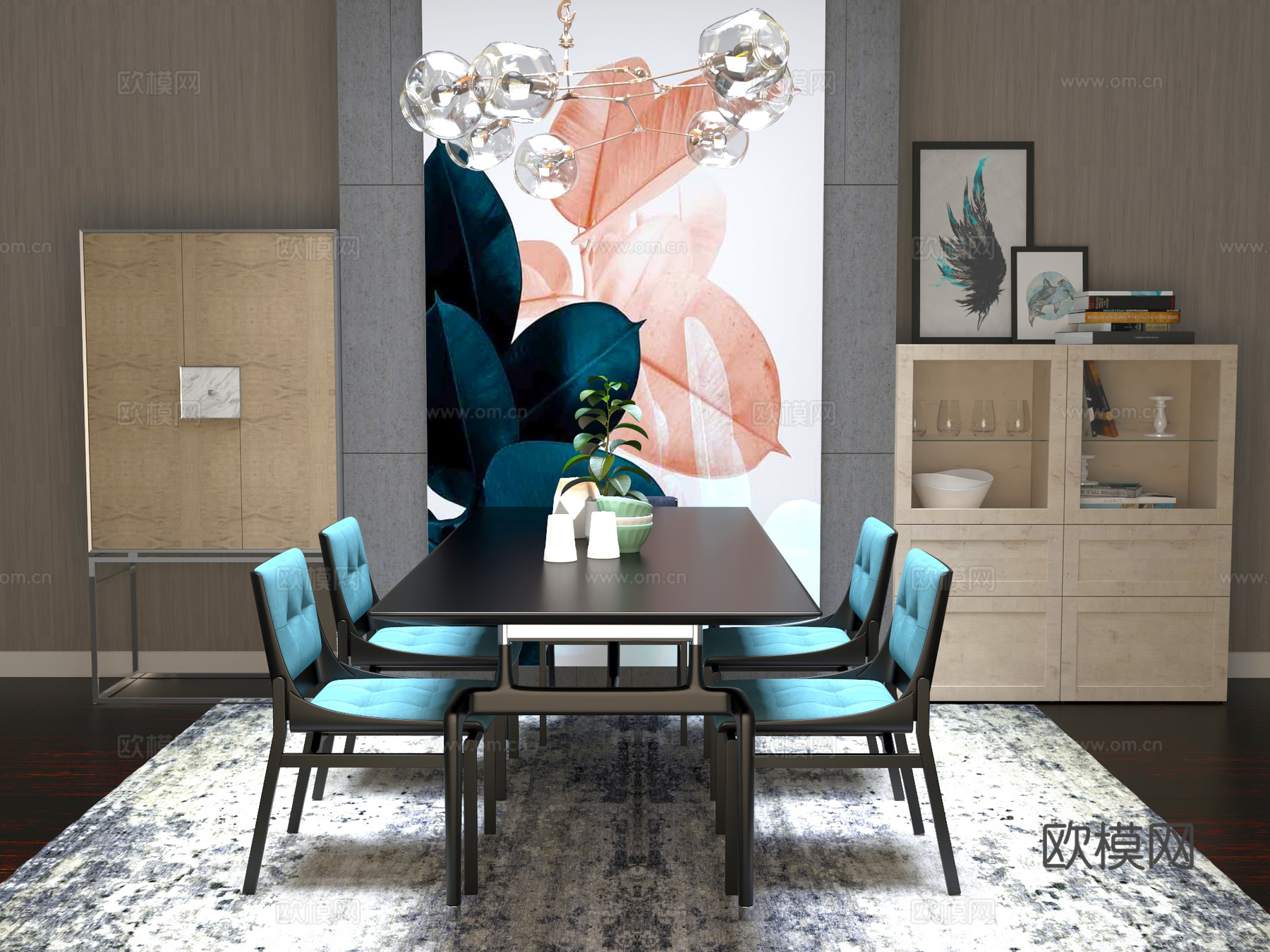 桌椅 休闲桌椅 餐桌椅 吊灯 屏风3d模型下载（渲染图1）
