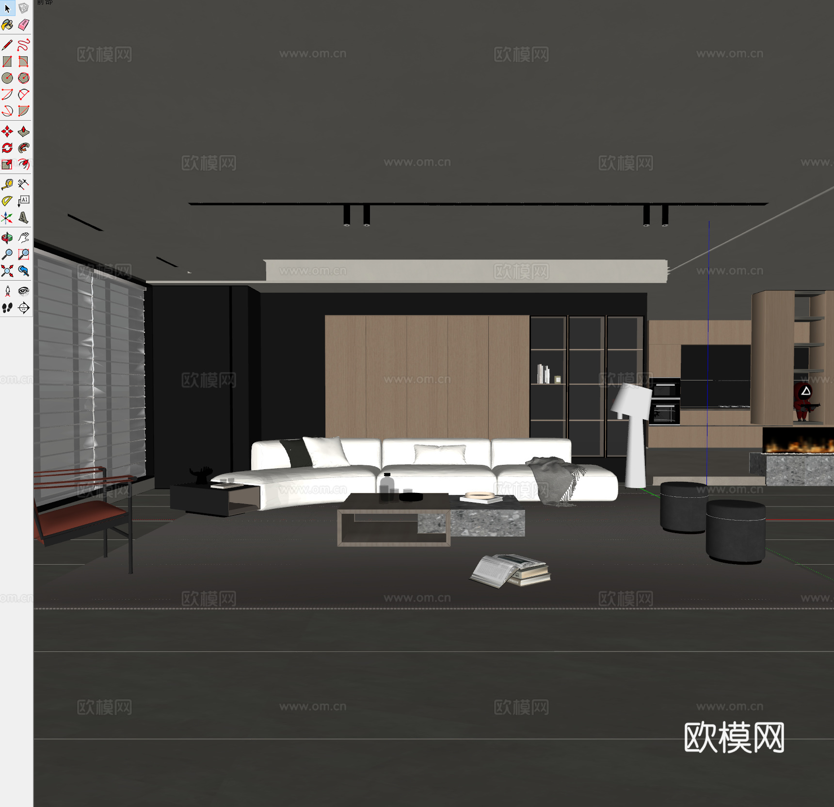 现代极简客厅皮凳 黑白灰客厅沙发墙 简约沙发背景墙 极简沙发su模型