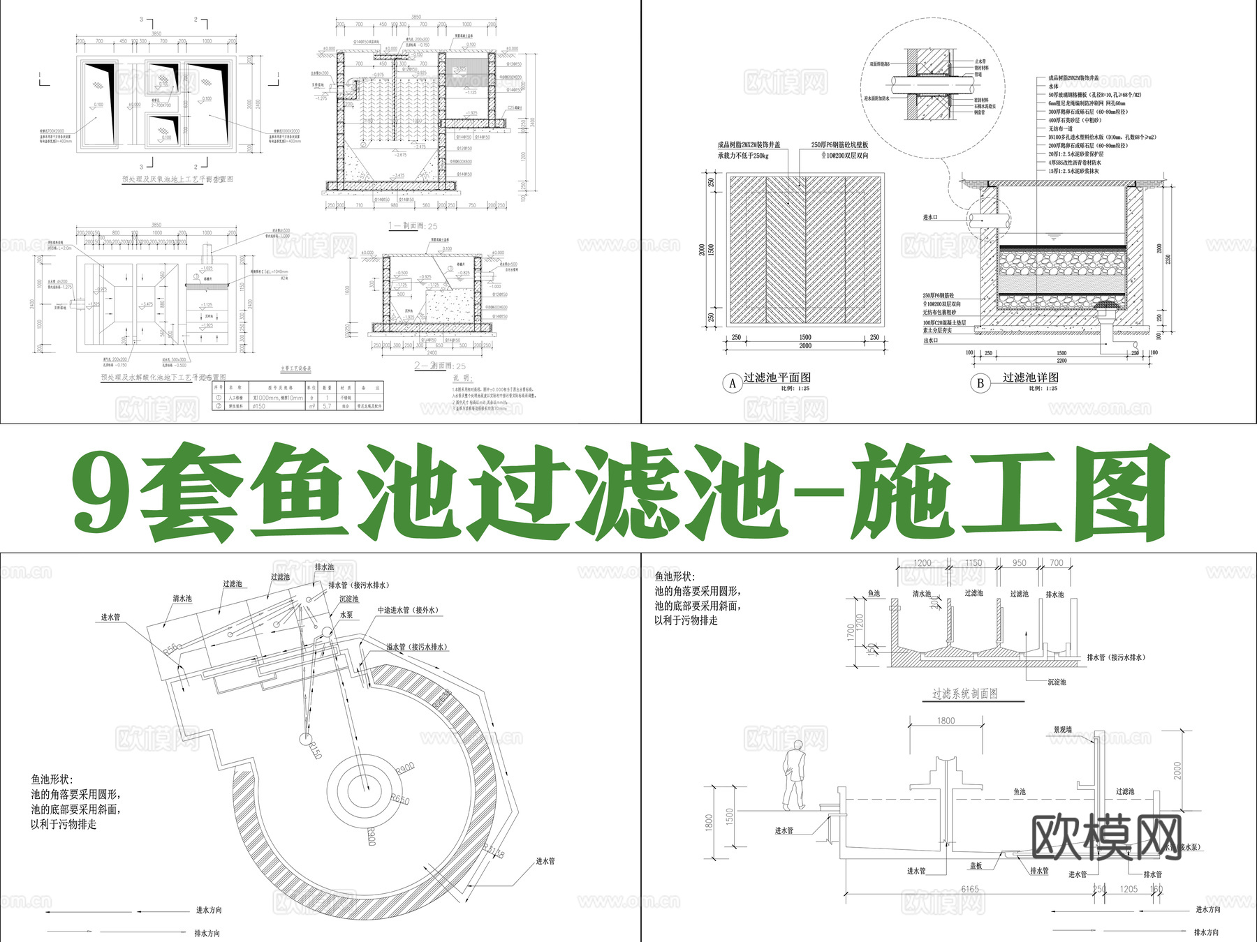 鱼池过滤池施工图cad施工图